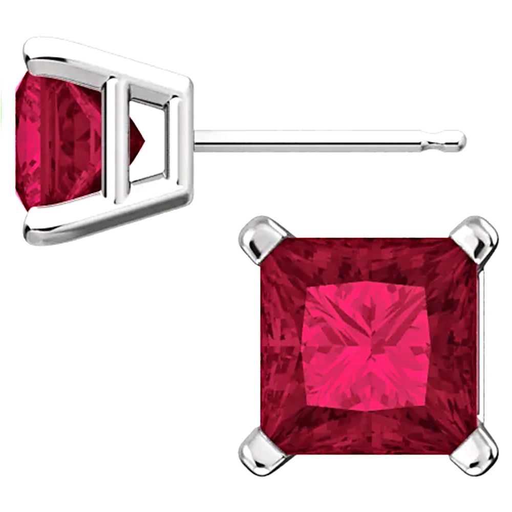 Sterling Silver Princess Cut Ruby Ice CZ Basket Set Stud Earrings