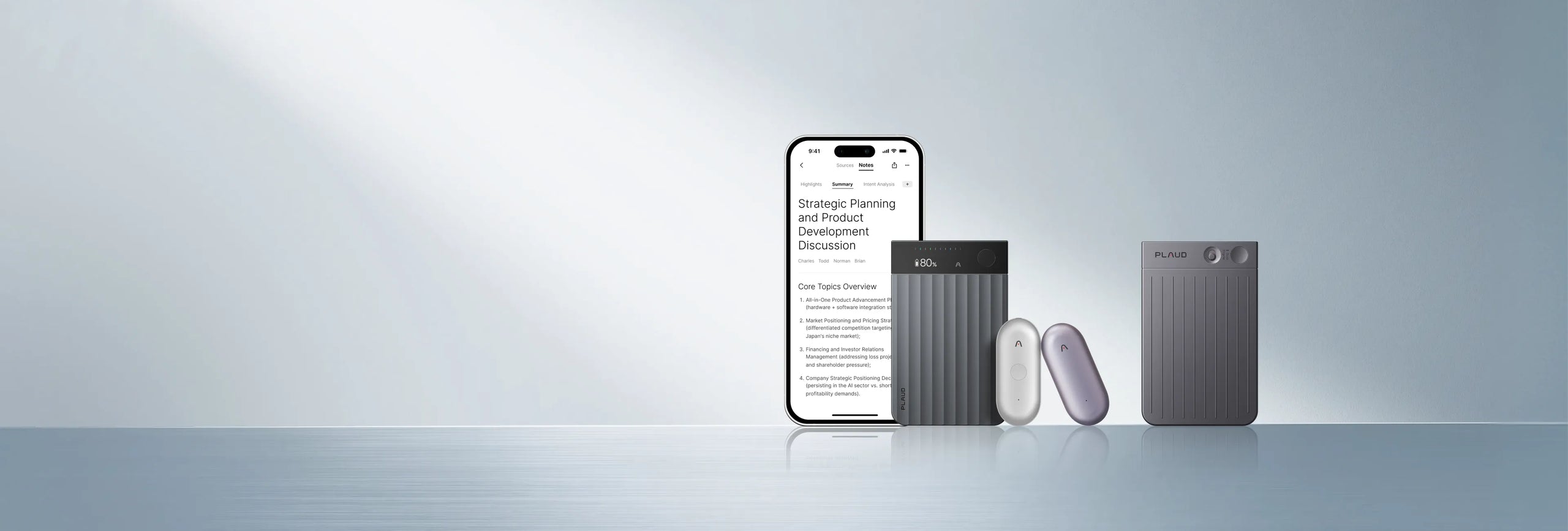Plaud hardware AI note takers with the Plaud App, showing seamless AI note taking across devices and software.