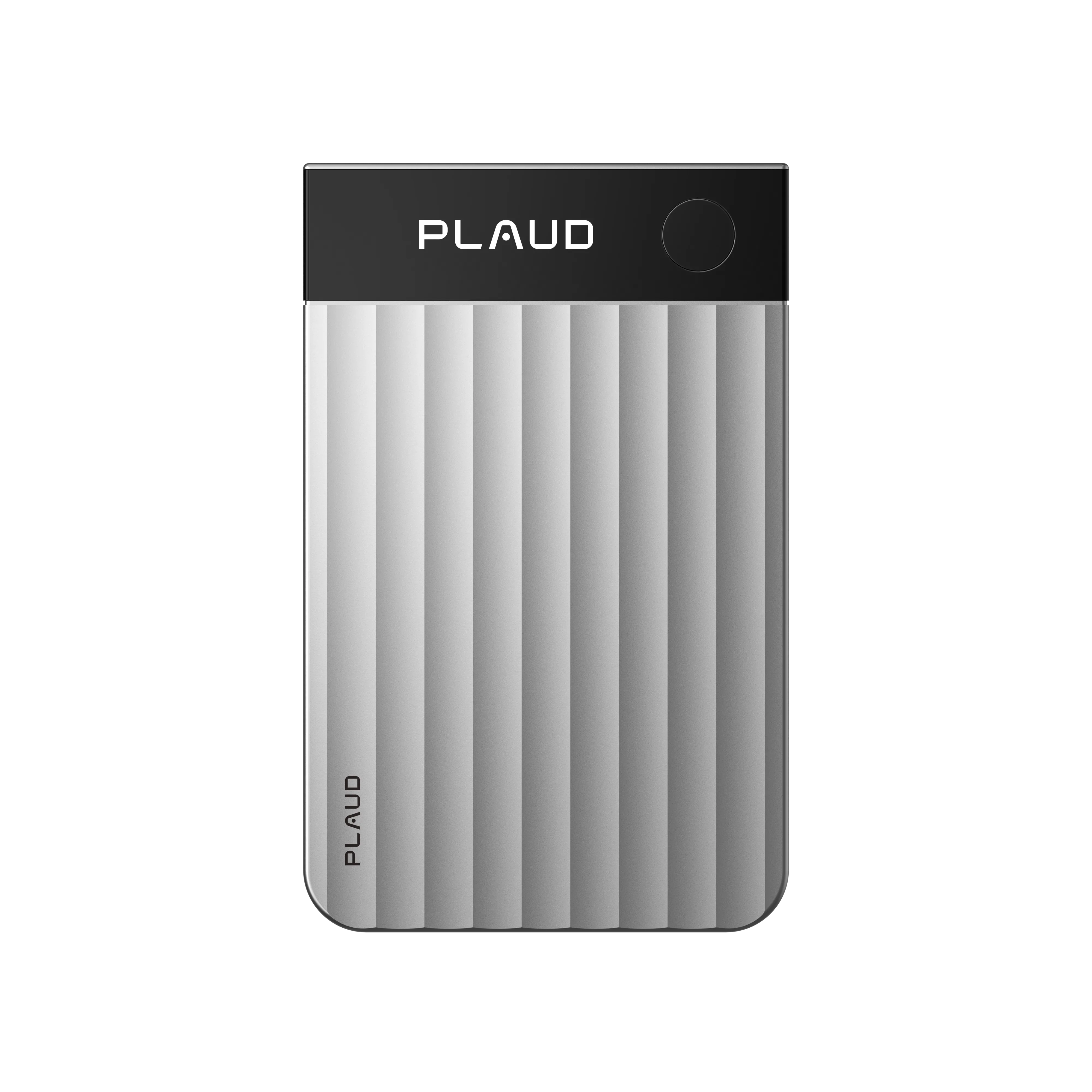 Sleek Plaud Note Pro AI voice recorder with ribbed gray design for capturing meetings, lectures, and phone calls