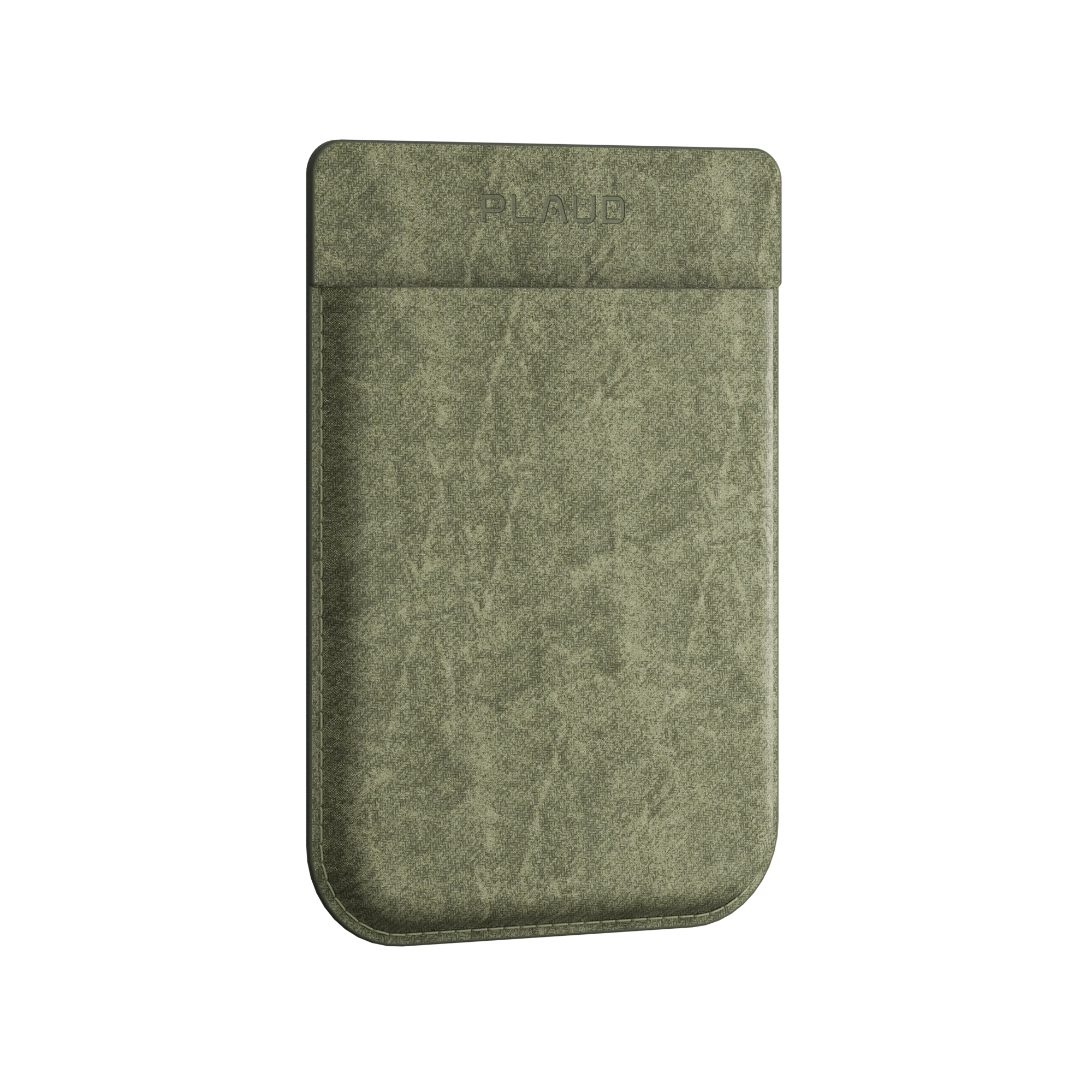 Green textured leather case for the Plaud Note AI voice recorder.