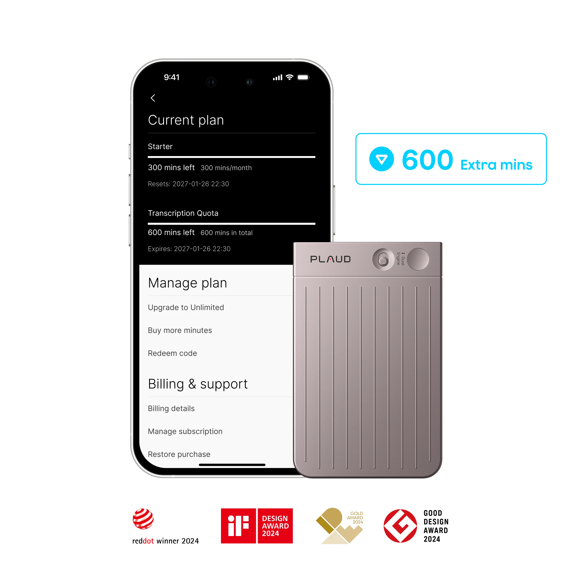 Starlight Plaud Note next to a phone showing the Plaud App plan management and a 600 extra minutes quota.