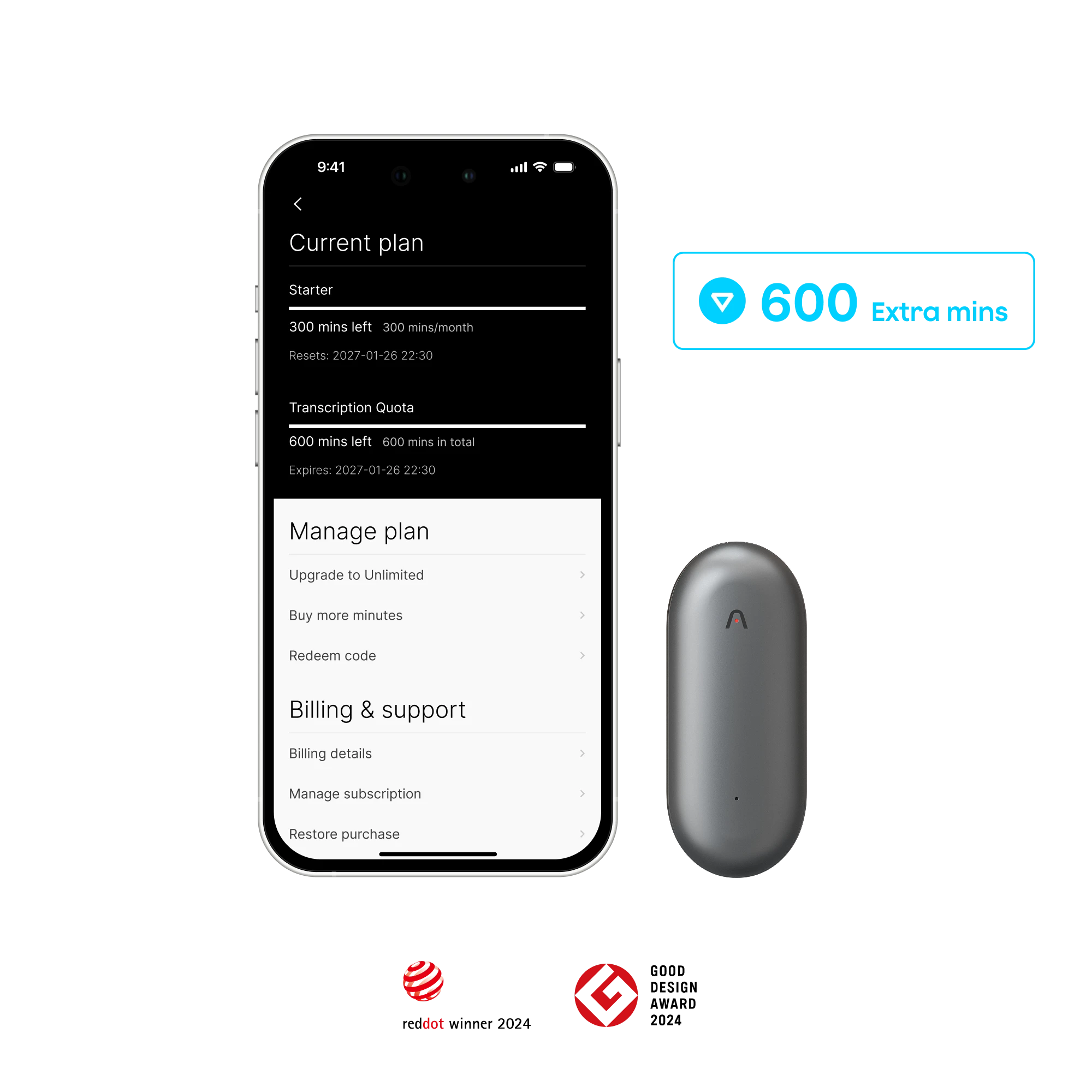 Plaud NotePin & add-on extension 600 mins
