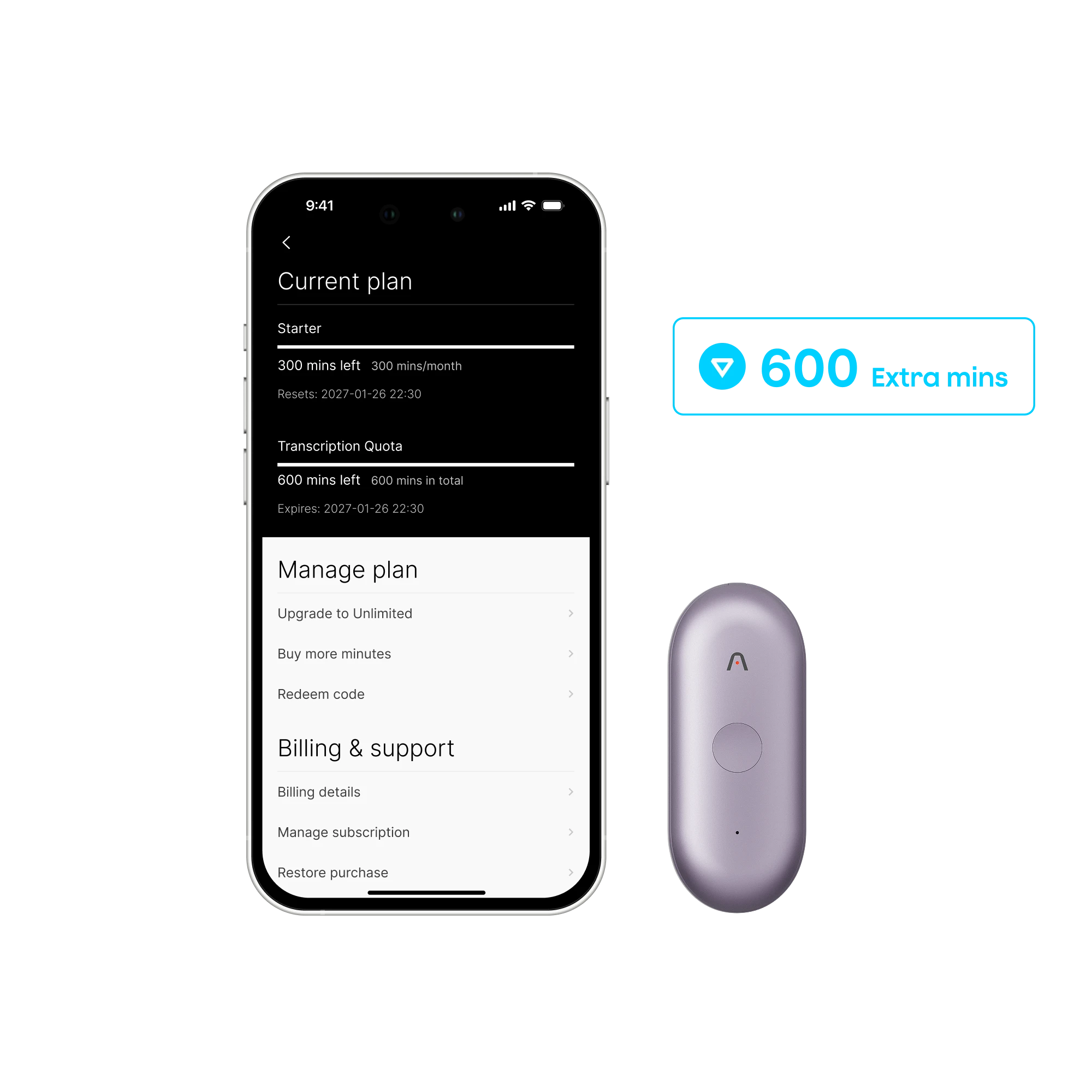 Plaud NotePin S y extensión complementaria de 600 minutos