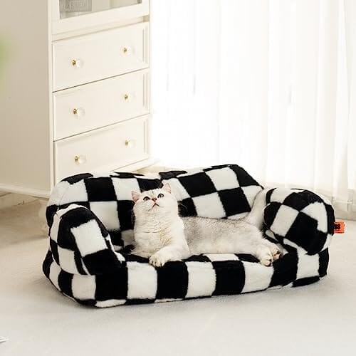 Plaid Fluffy Cat Couch with Non-Slip Bottom