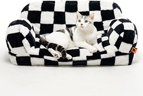 Plaid Fluffy Cat Couch with Non-Slip Bottom
