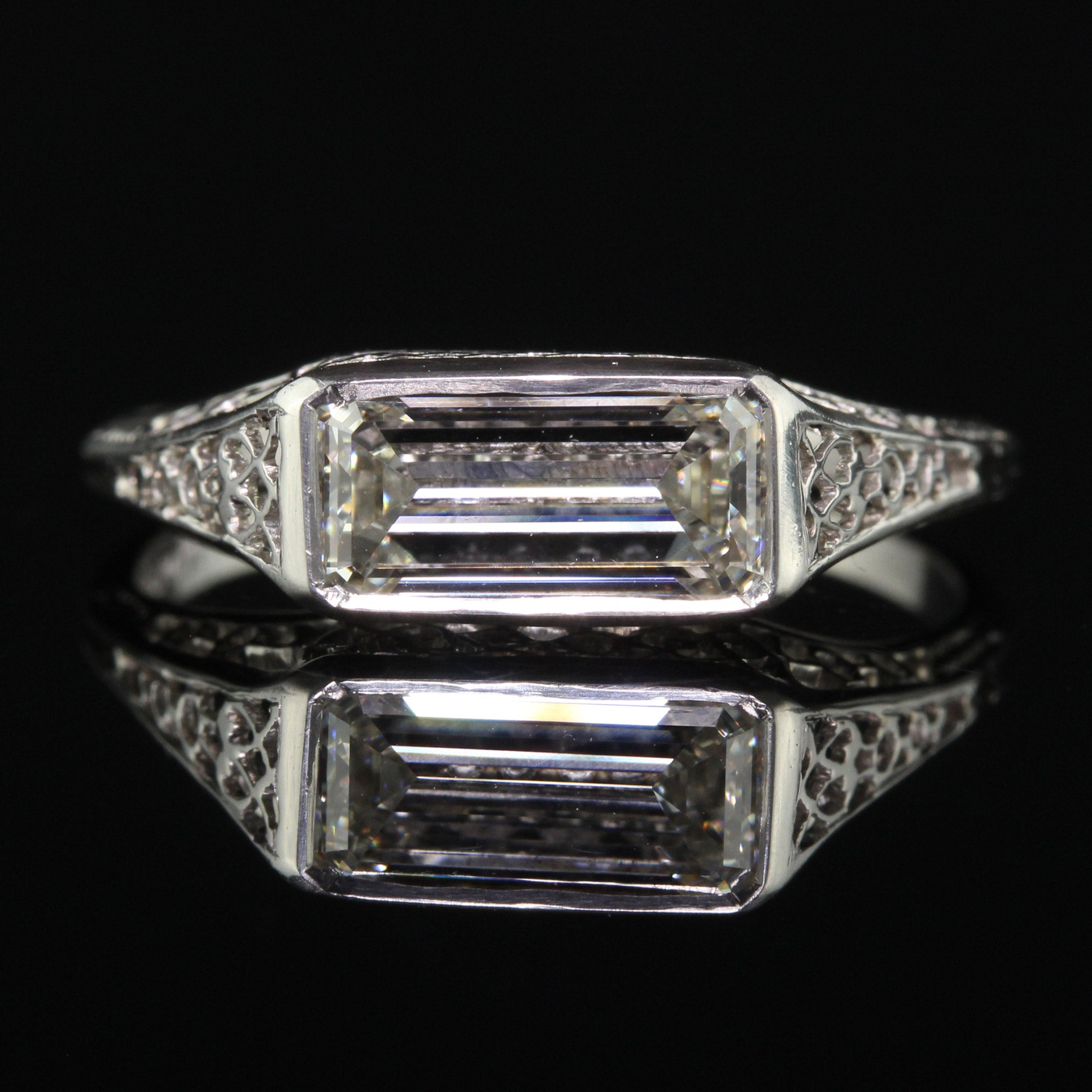 Antique Art Deco Platinum Emerald Cut Diamond Filigree Engagement Ring - GIA