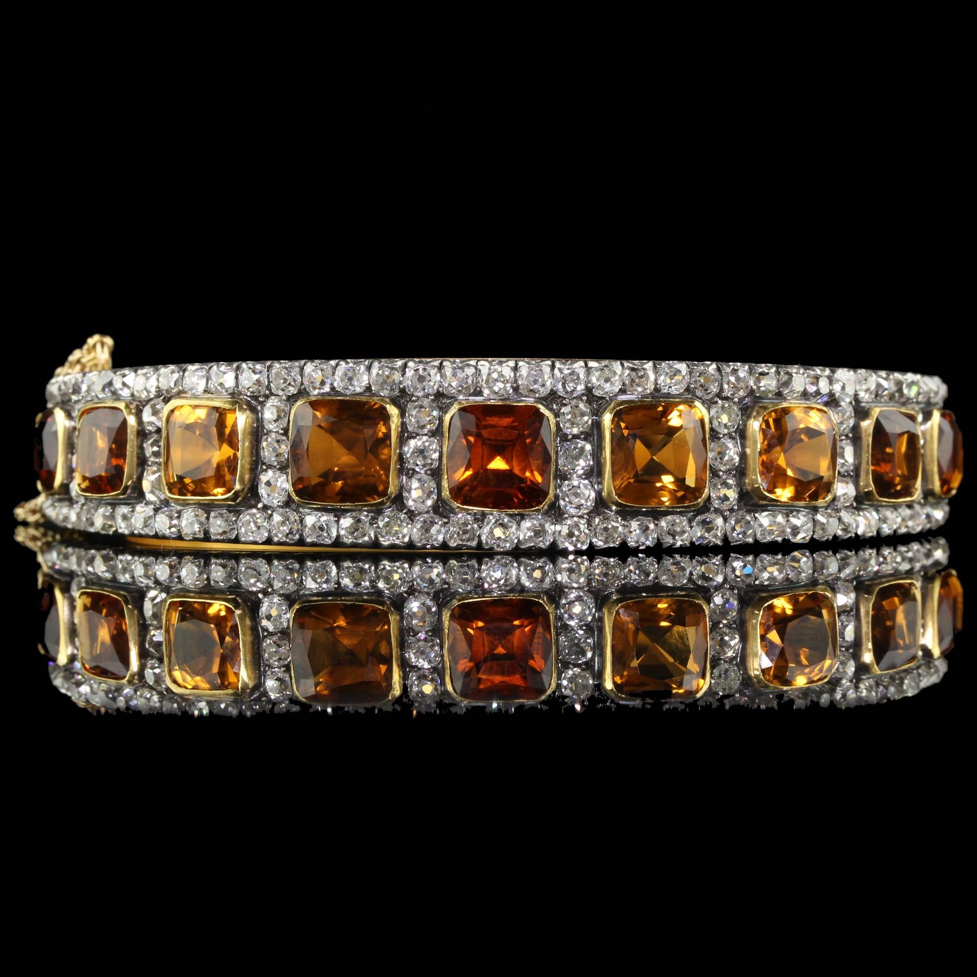 Antique Victorian 18K Yellow Gold and Silver Old Mine Peruzzi Diamond and Citrine Bangle