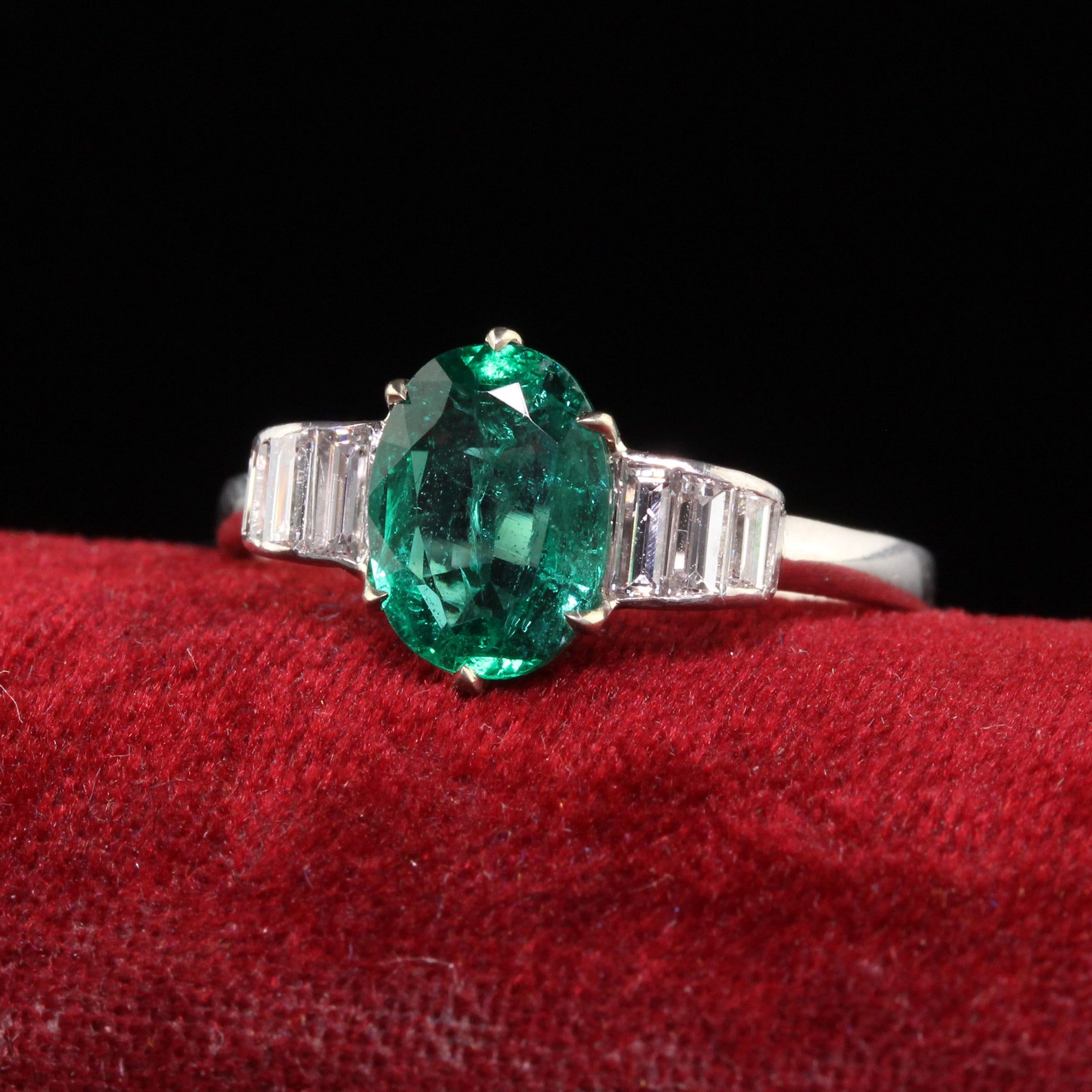 Vintage Retro Platinum Natural Emerald and Diamond Engagement Ring