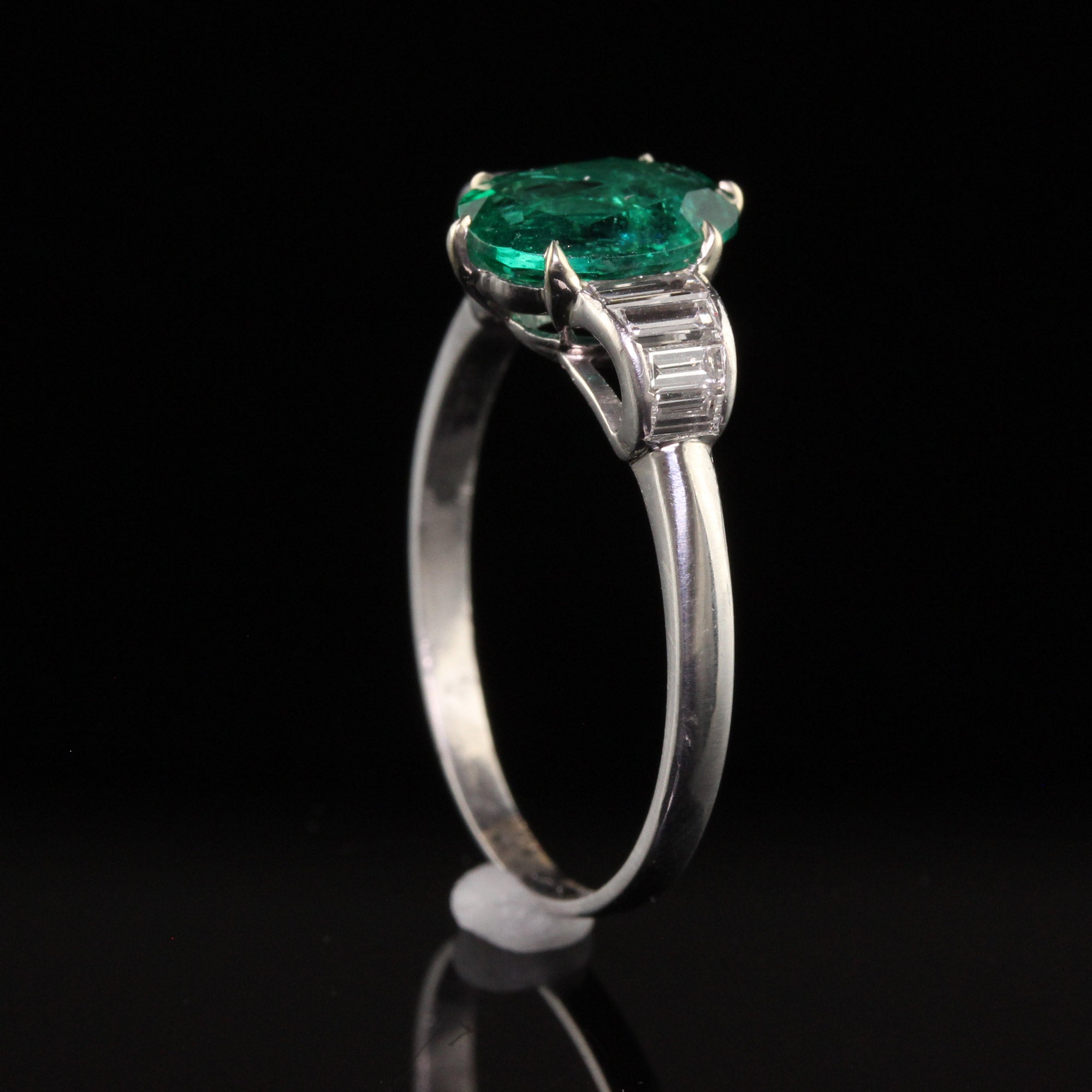 Vintage Retro Platinum Natural Emerald and Diamond Engagement Ring