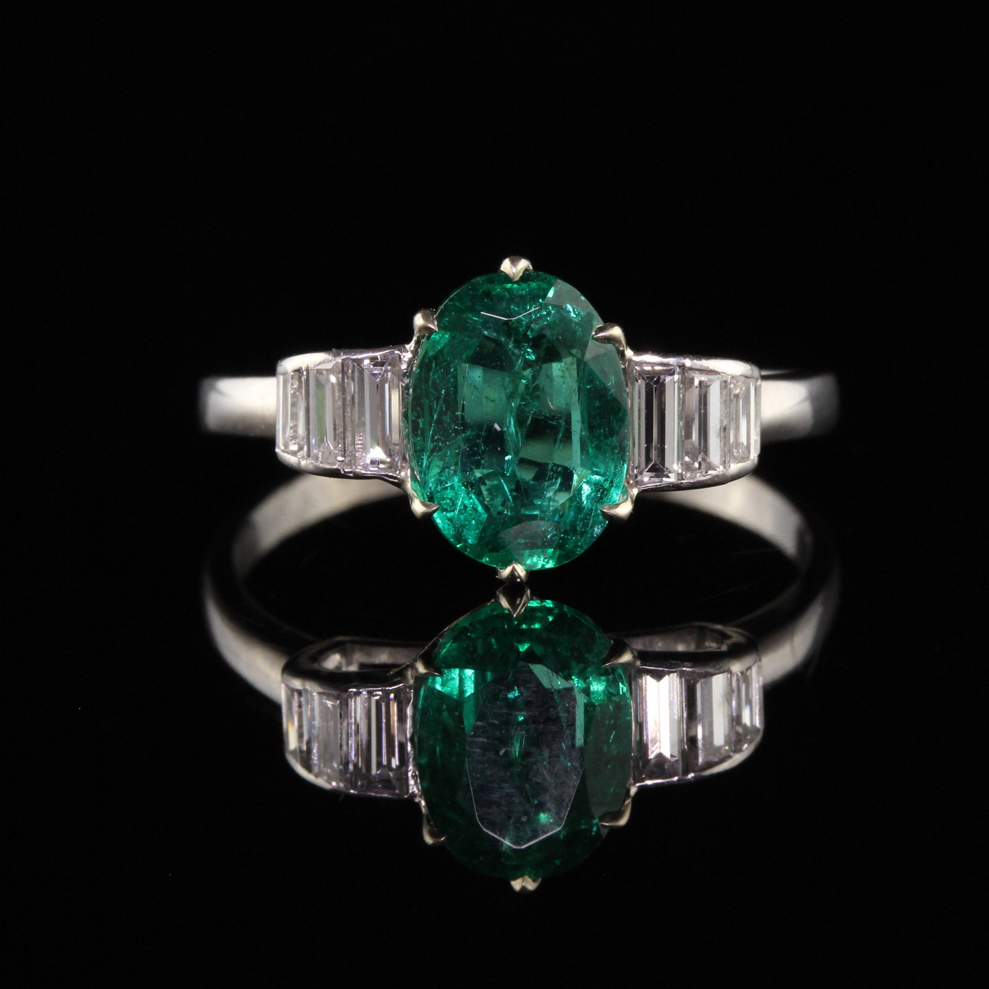 Vintage Retro Platinum Natural Emerald and Diamond Engagement Ring