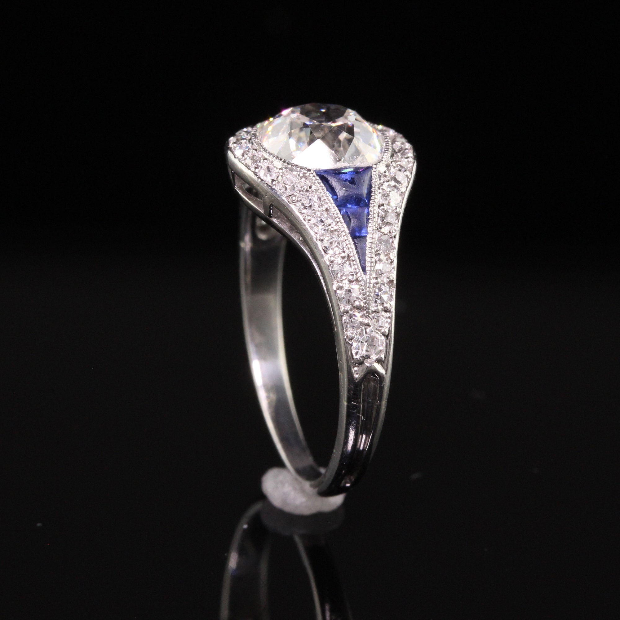 Antique Art Deco Platinum Old Mine Cut Diamond Sapphire Engagement Ring