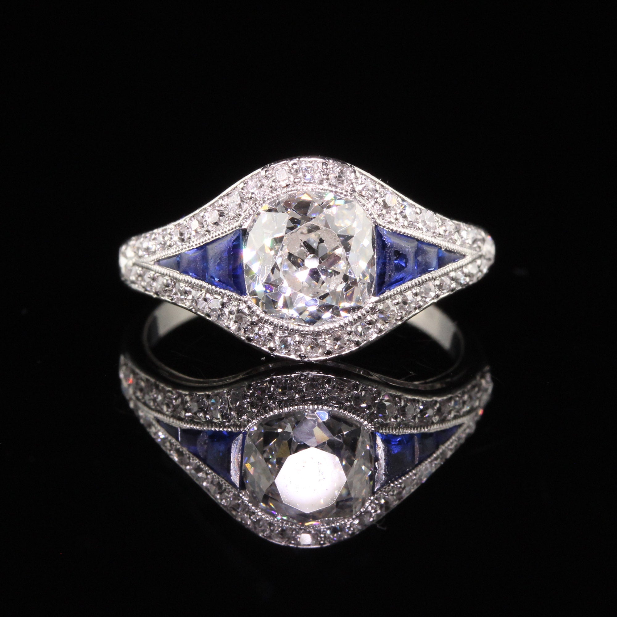 Antique Art Deco Platinum Old Mine Cut Diamond Sapphire Engagement Ring