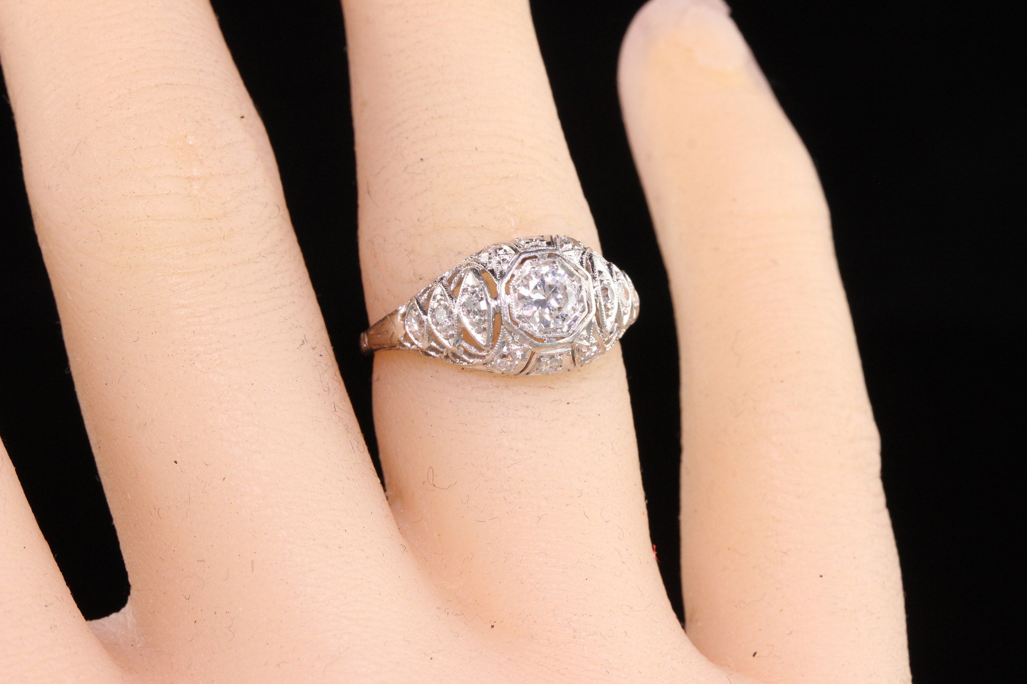 Antique Art Deco Platinum Old European Diamond Filigree Engagement Ring