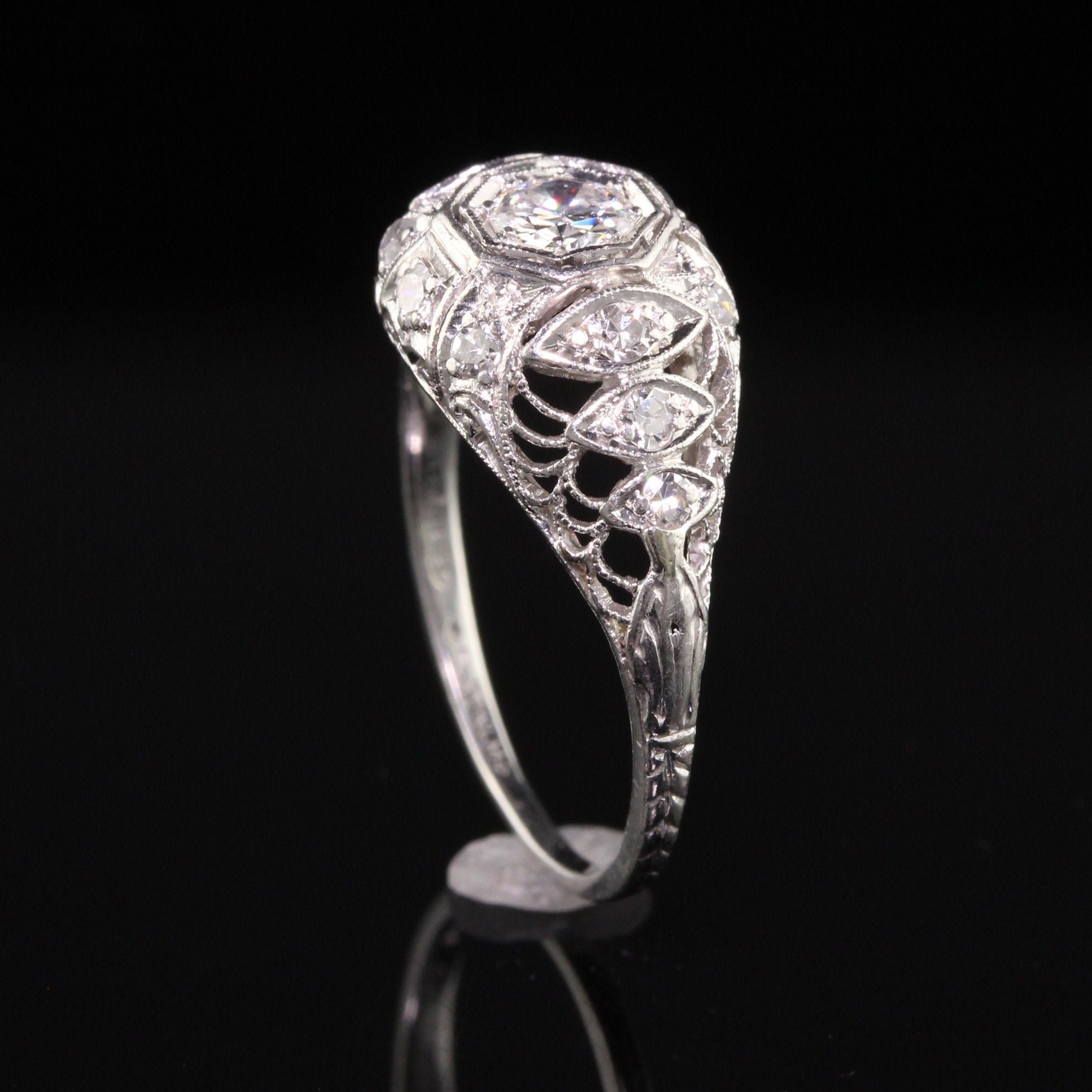 Antique Art Deco Platinum Old European Diamond Filigree Engagement Ring