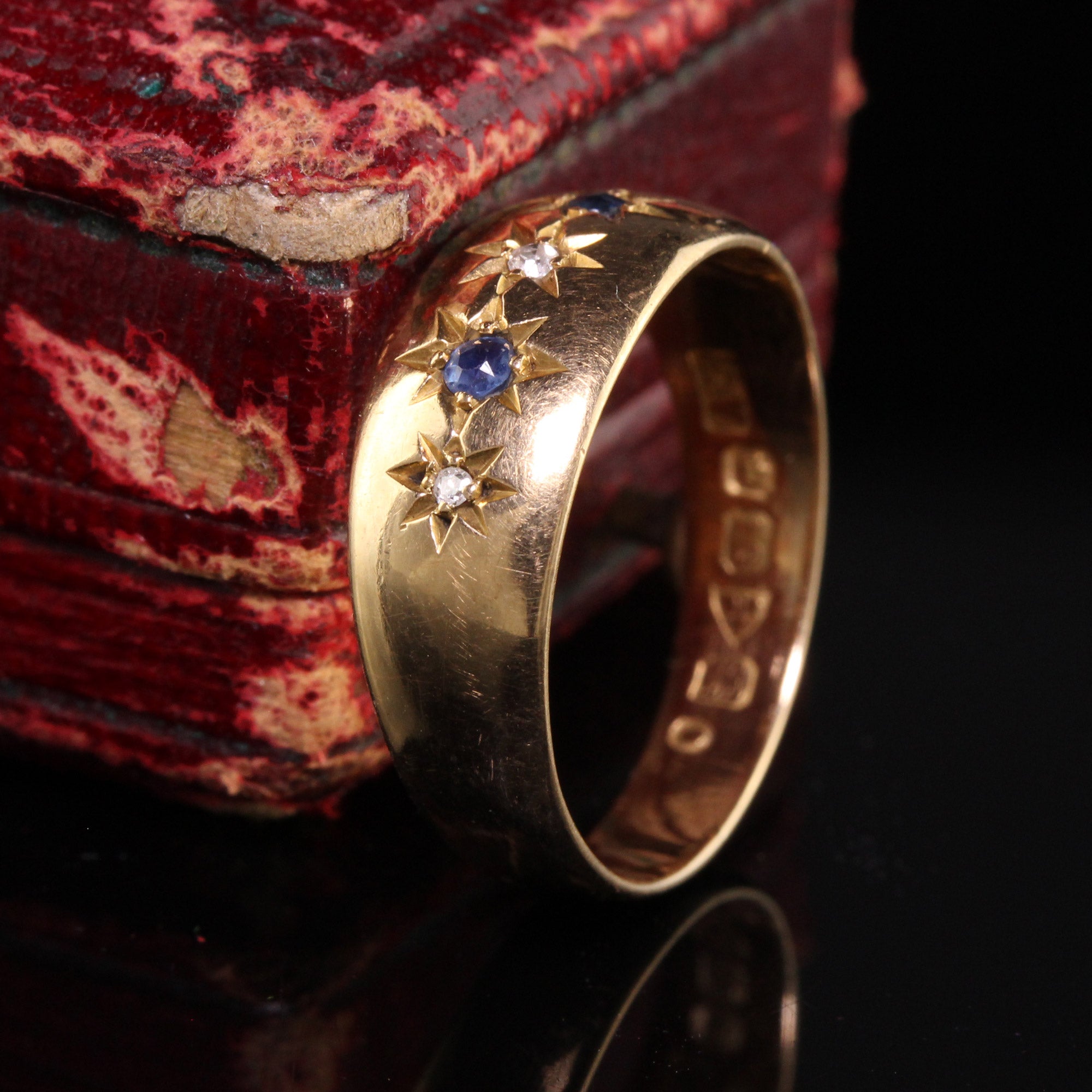 Antique Edwardian English 18K Yellow Gold Old Mine Diamond and Sapphire Band