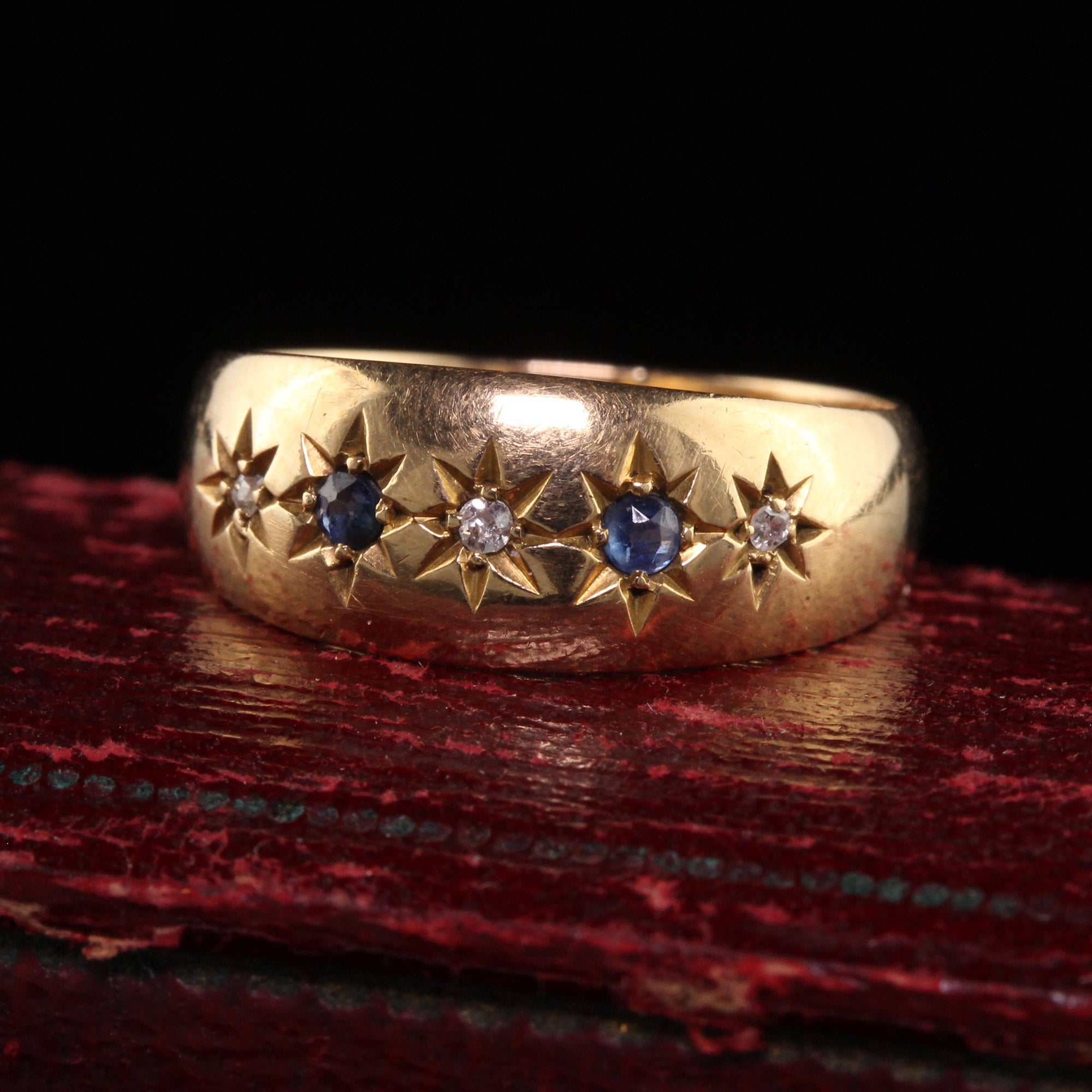 Antique Edwardian English 18K Yellow Gold Old Mine Diamond and Sapphire Band