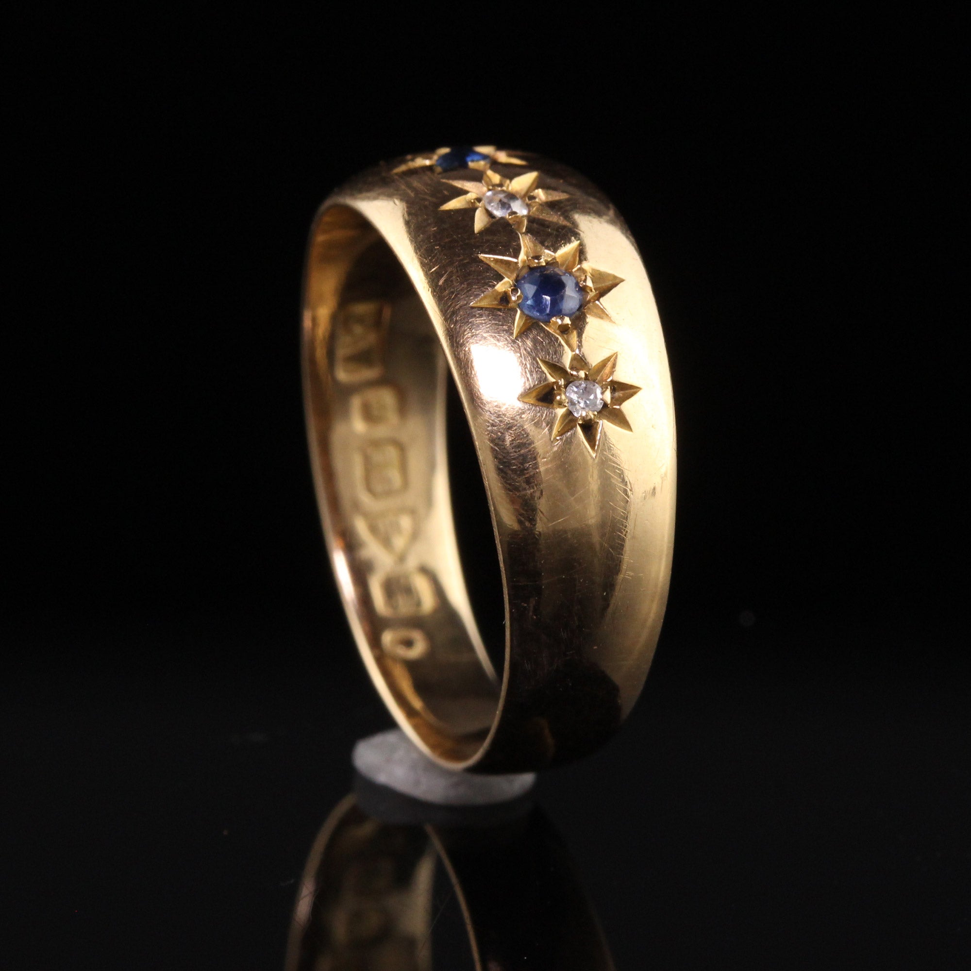 Antique Edwardian English 18K Yellow Gold Old Mine Diamond and Sapphire Band