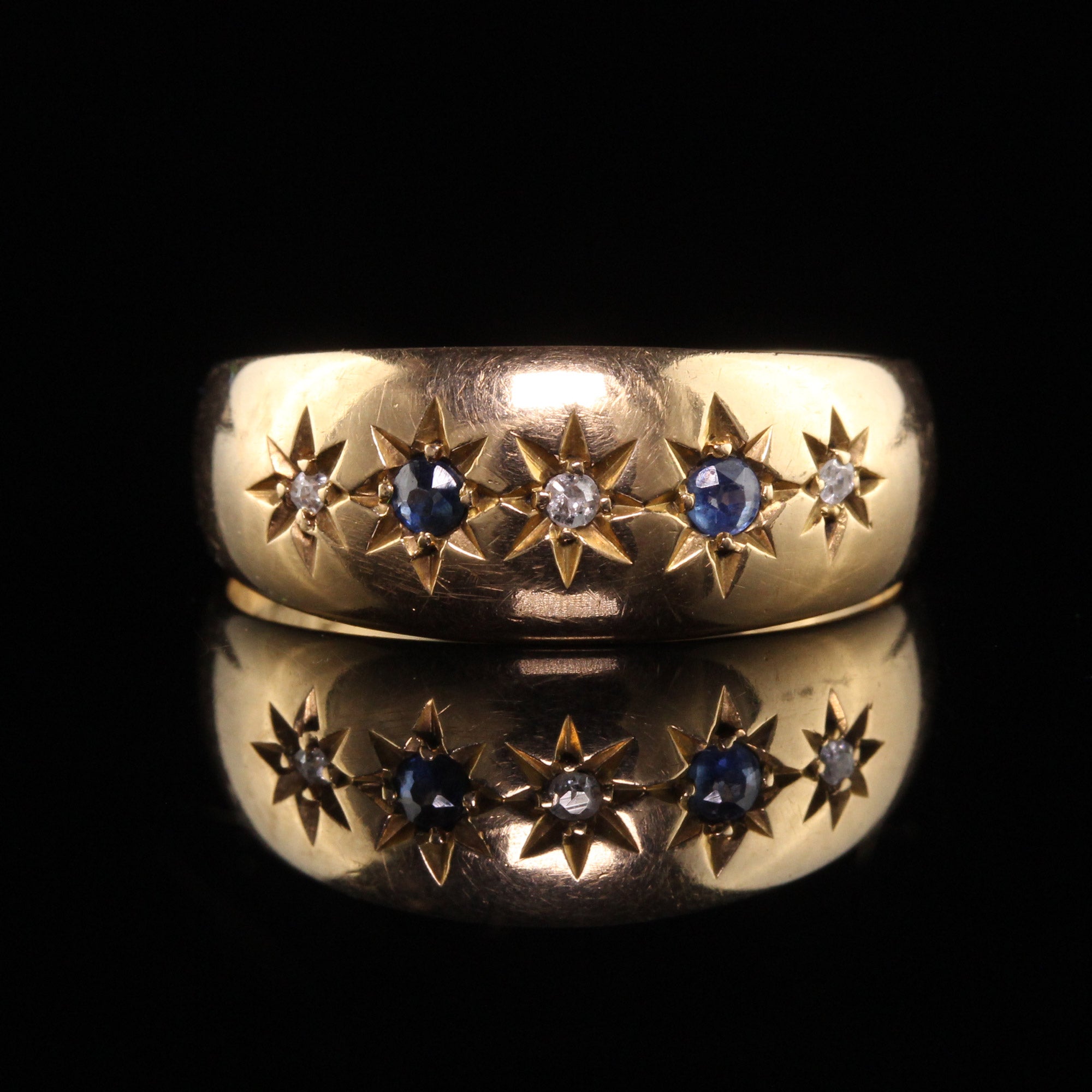 Antique Edwardian English 18K Yellow Gold Old Mine Diamond and Sapphire Band