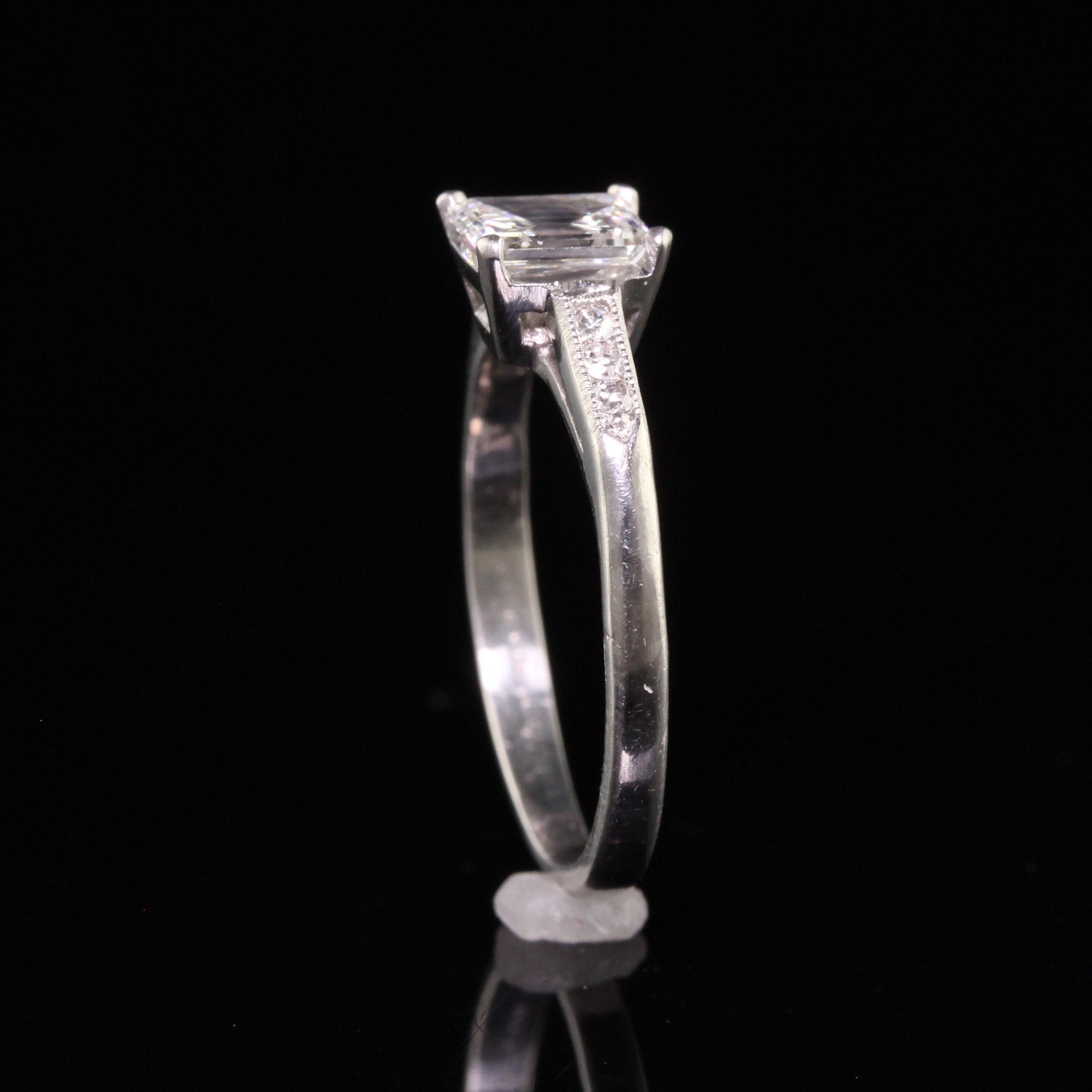 Antique Art Deco Platinum Emerald Cut Diamond Classic Engagement Ring - GIA