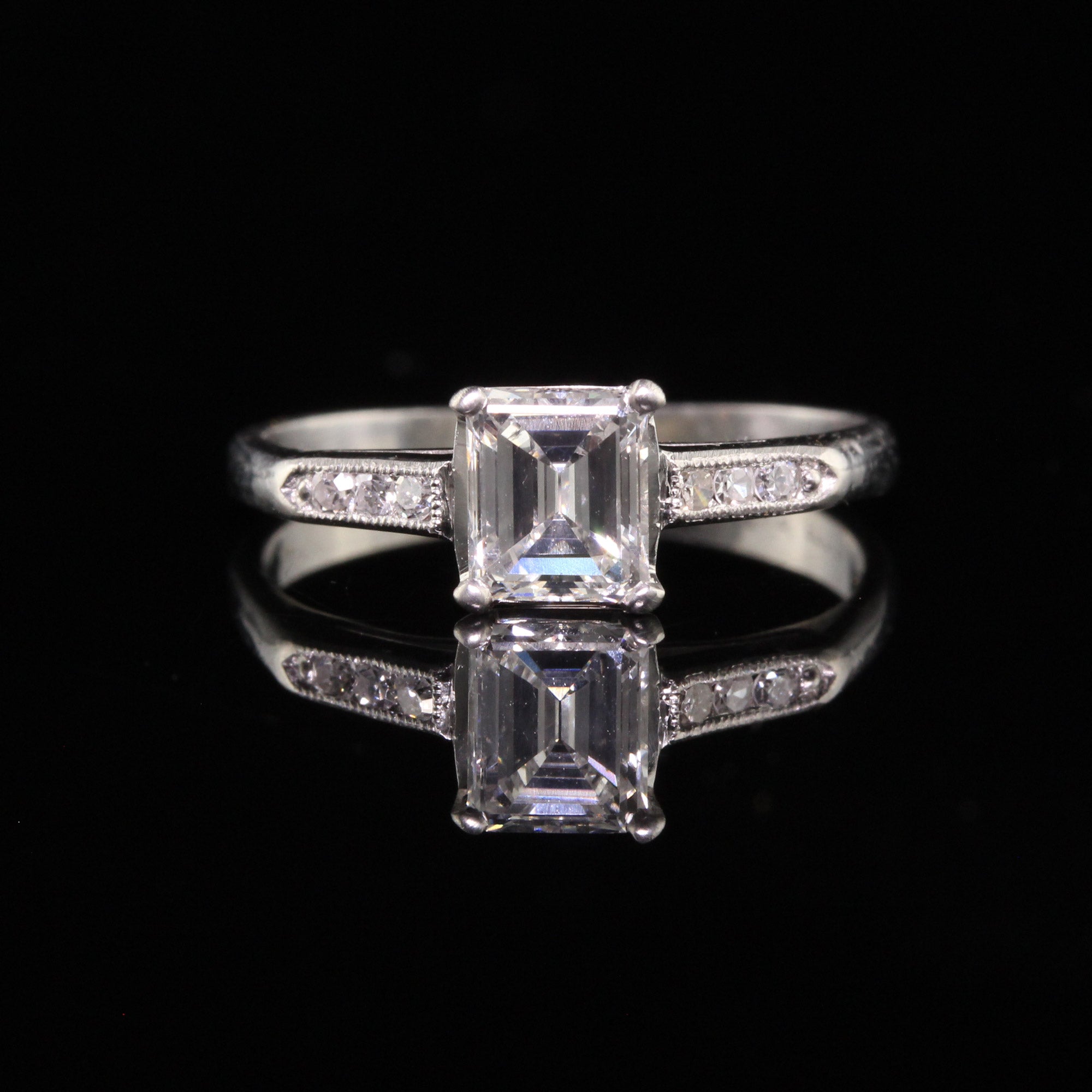 Antique Art Deco Platinum Emerald Cut Diamond Classic Engagement Ring - GIA