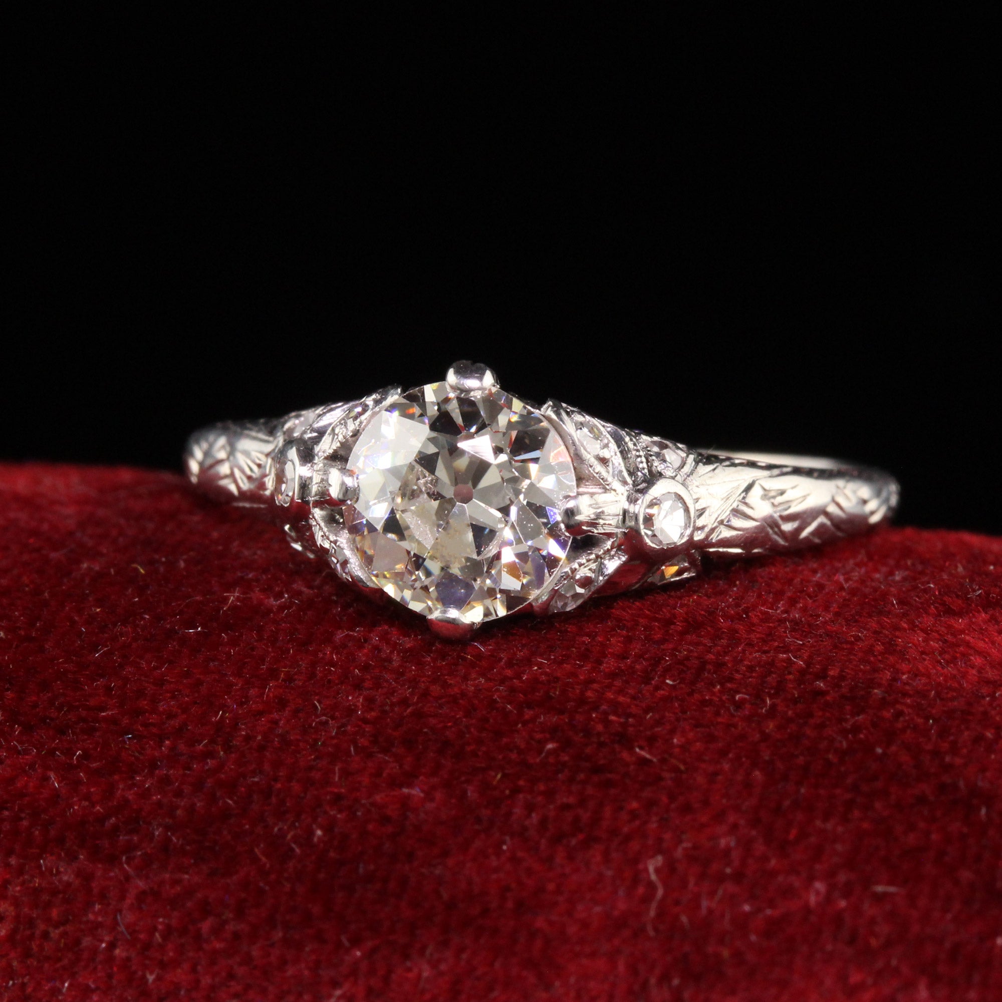 Antique Edwardian Platinum Old European Cut Diamond Floral Engagement Ring - GIA