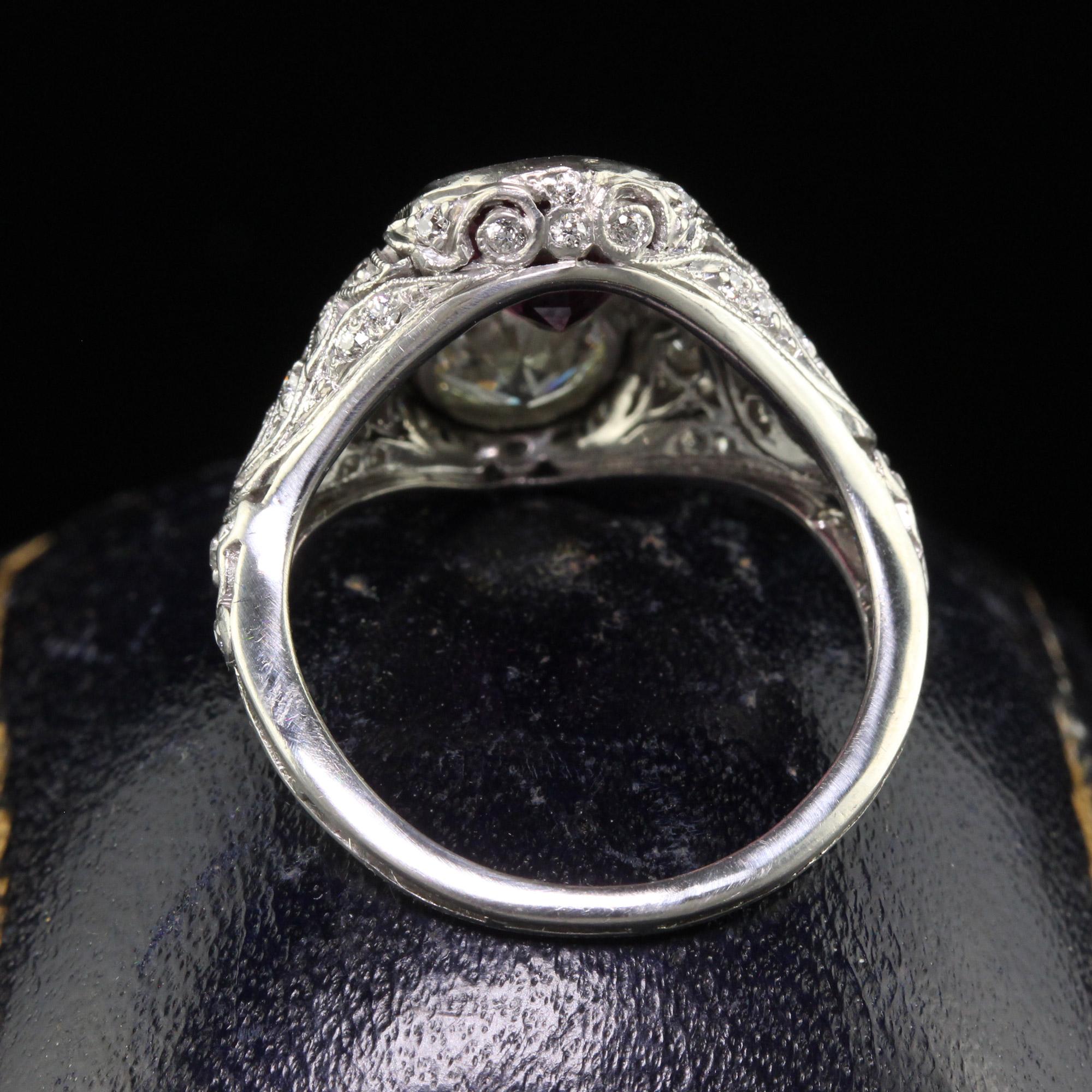 Antique Edwardian Platinum Old Euro Diamond & No Heat Ruby Cocktail Ring - GIA