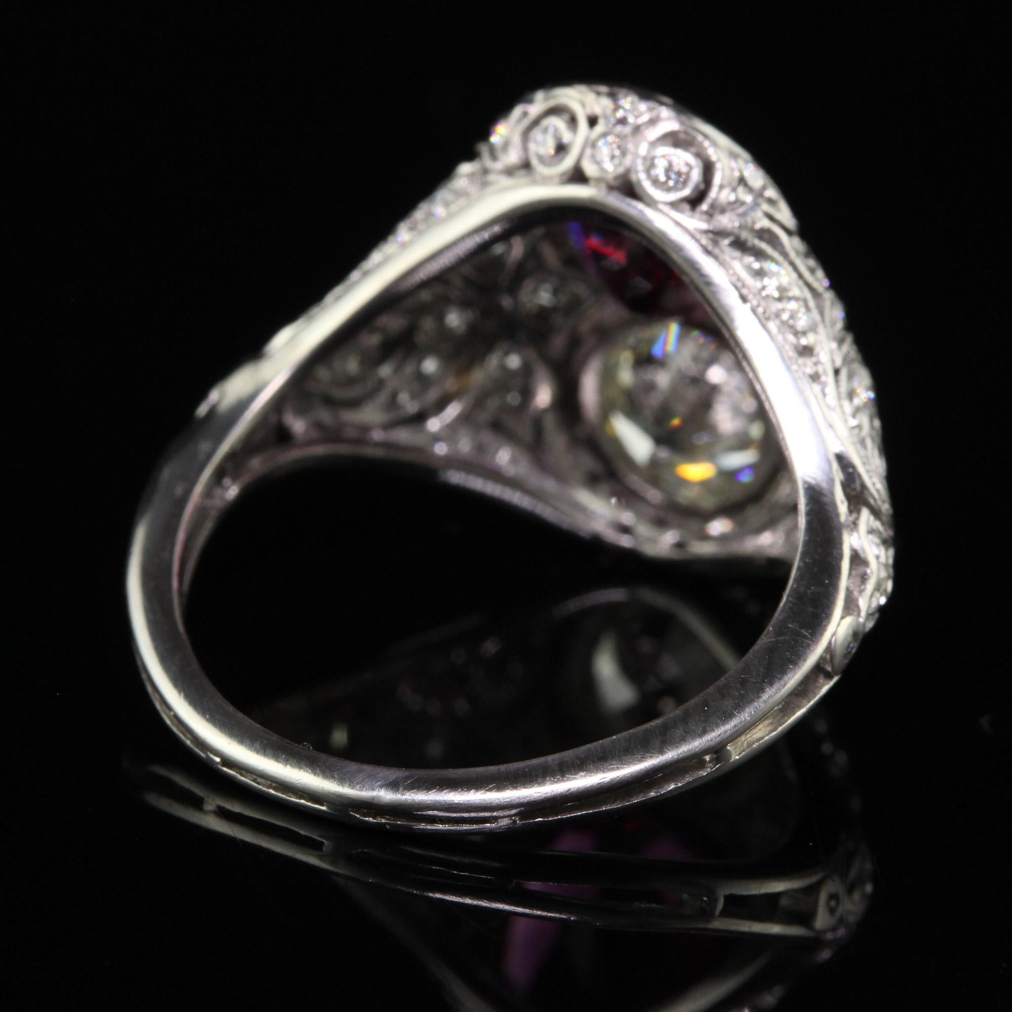 Antique Edwardian Platinum Old Euro Diamond & No Heat Ruby Cocktail Ring - GIA