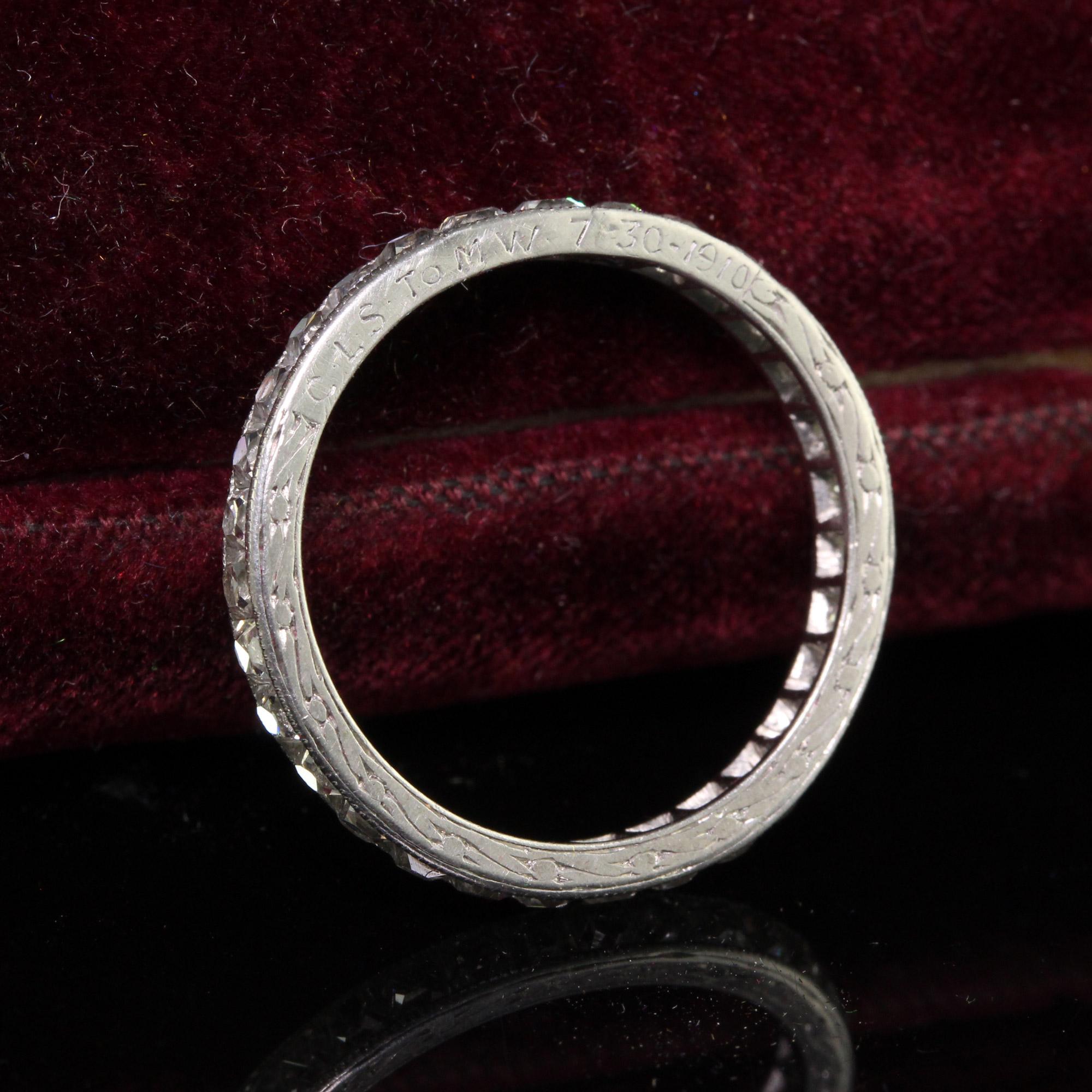 Antique Edwardian Platinum French Cut Diamond Engraved Eternity Ring - Size 7