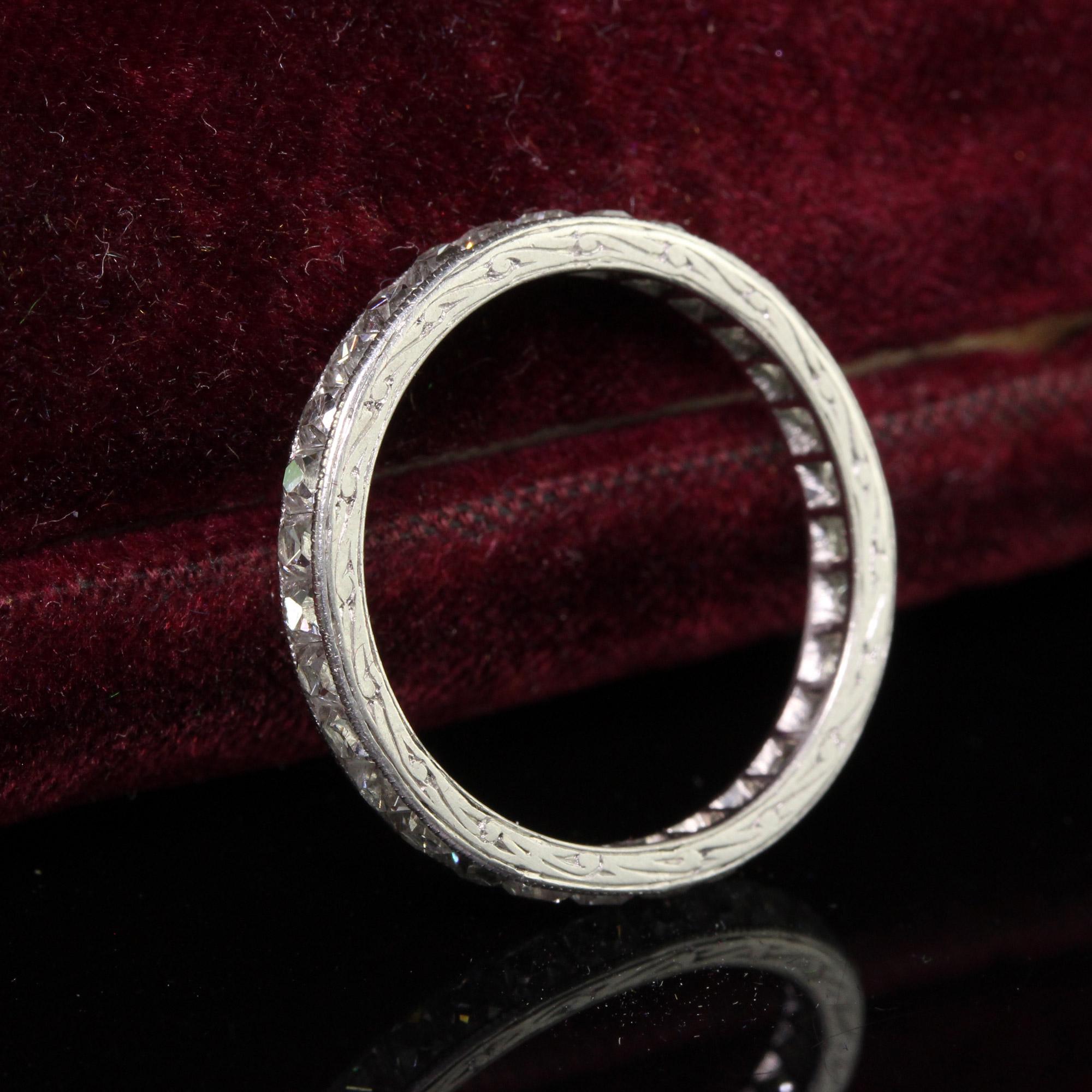 Antique Edwardian Platinum French Cut Diamond Engraved Eternity Ring - Size 7