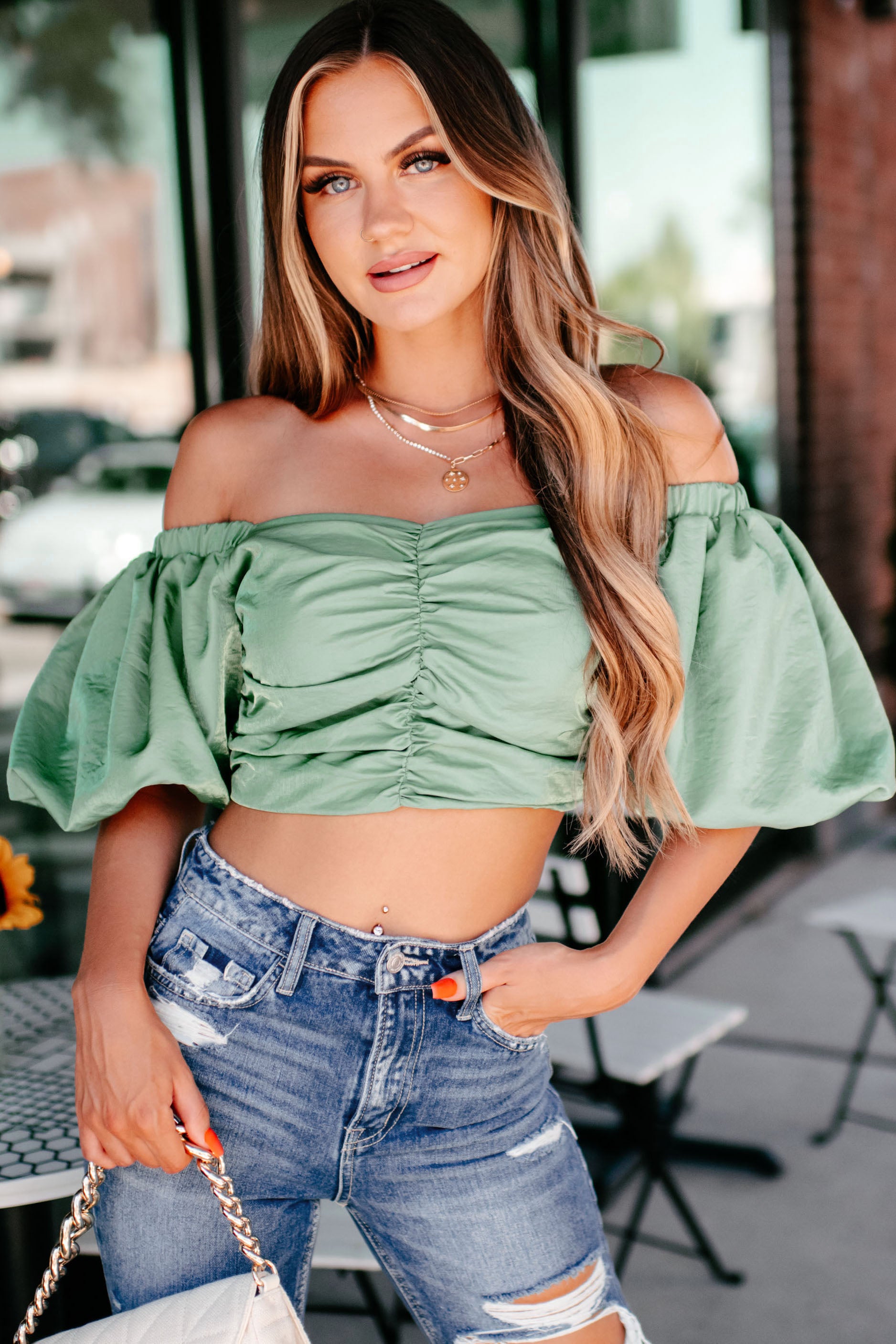 MAGNIFICENT MIND PUFF SLEEVE SHEEN TOP (SAGE)