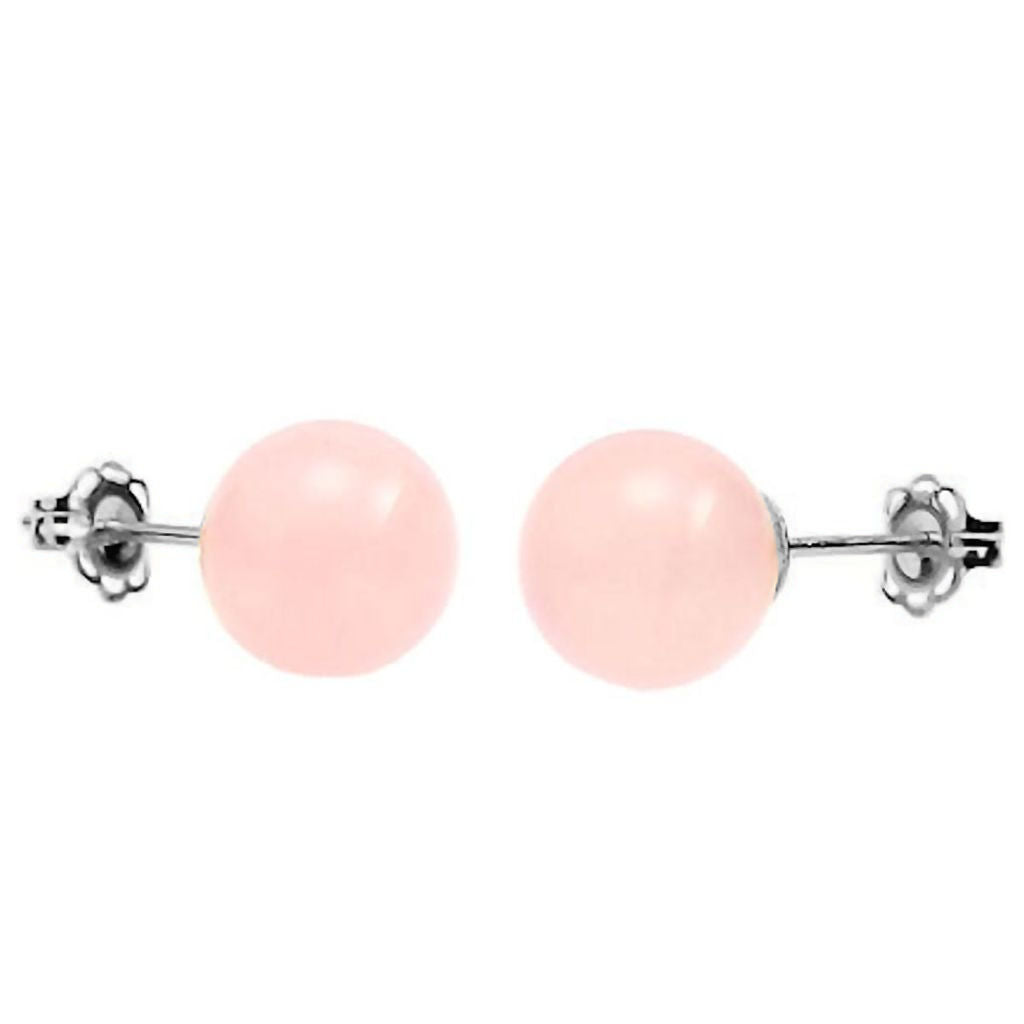 Natural Rose Quartz Ball Stud Earrings 14K White Gold