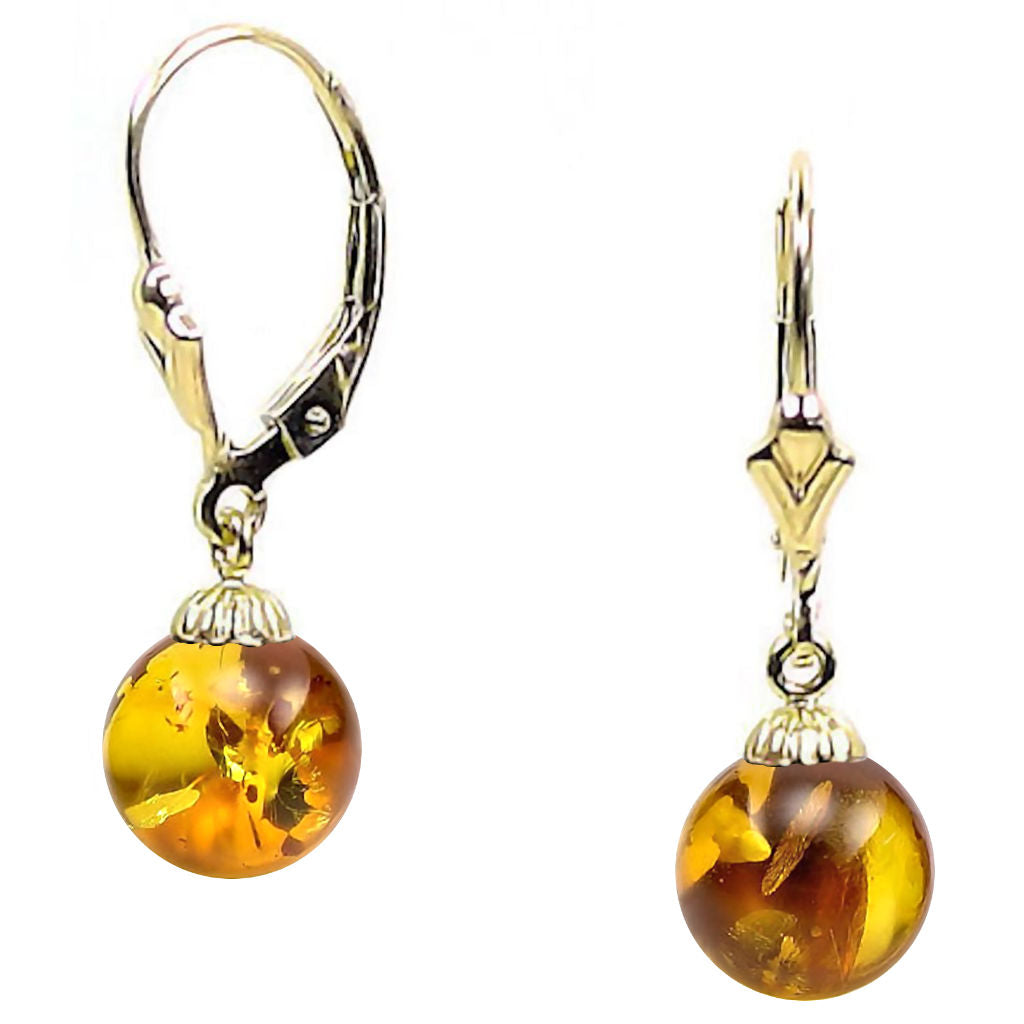 Anya: Natural Baltic Amber Ball Leverback Earrings 14K Yellow Gold