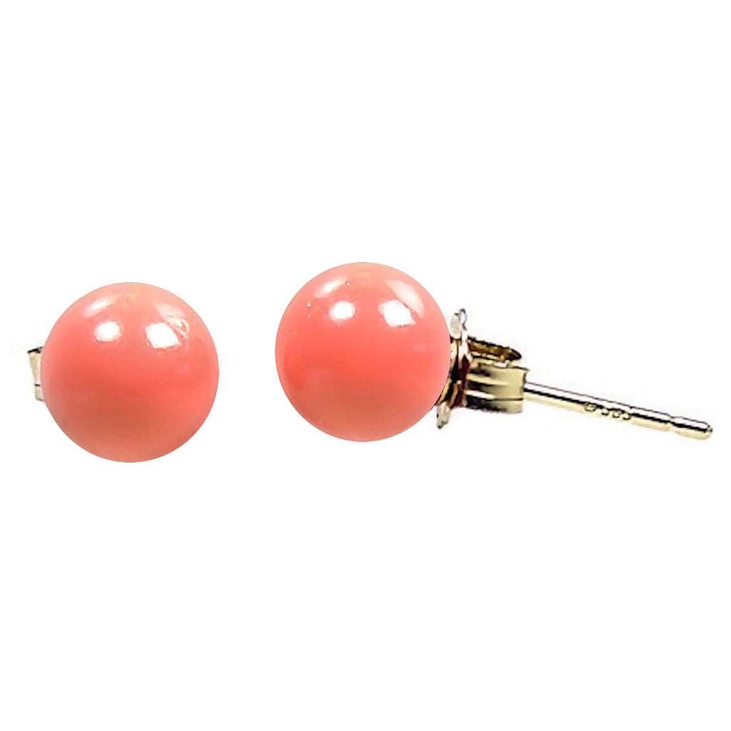 Natural Pink Salmon Coral Ball Stud Earrings 14K Yellow Gold