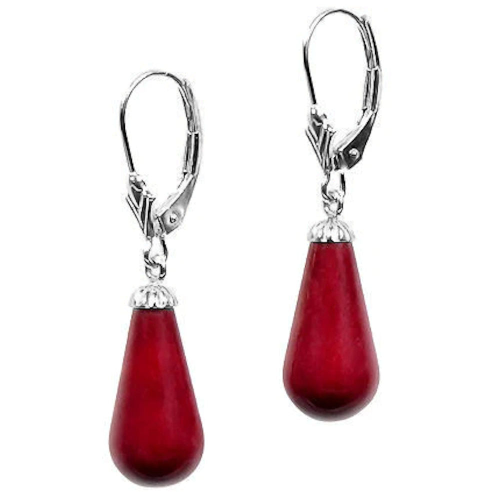 Natural Italian Red Coral Teardrop Leverback Earrings 925 Sterling Silver