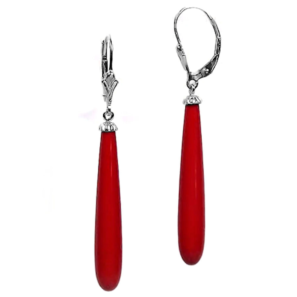 Natural Italian Red Coral Teardrop Leverback Earrings 925 Sterling Silver