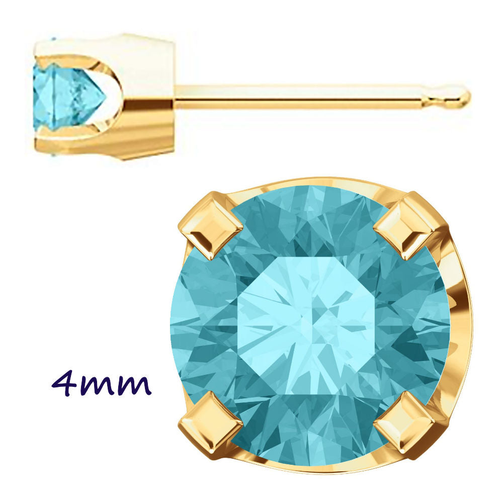 Genuine Natural Blue Zircon 4-Prong Stud Earrings 14K Yellow Gold