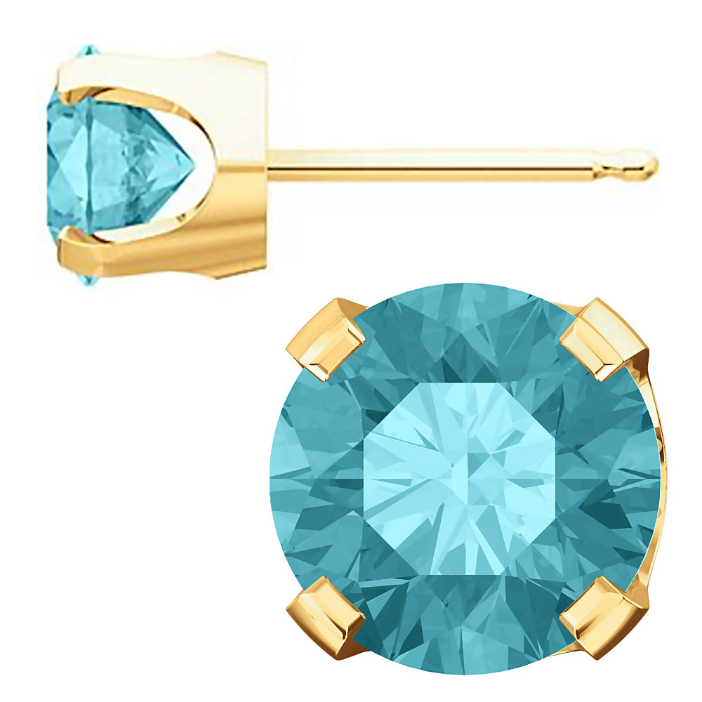 Genuine Natural Blue Zircon 4-Prong Stud Earrings 14K Yellow Gold