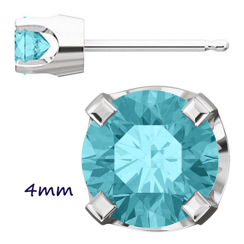 Simulated Blue Zircon 4-Prong Stud Earrings 14K White Gold