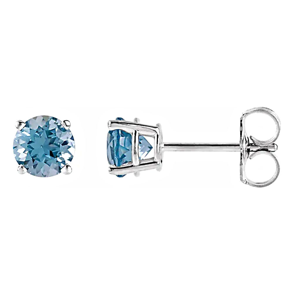 Natural Aquamarine 4-Prong Cast Basket Stud Earrings 14K White Gold