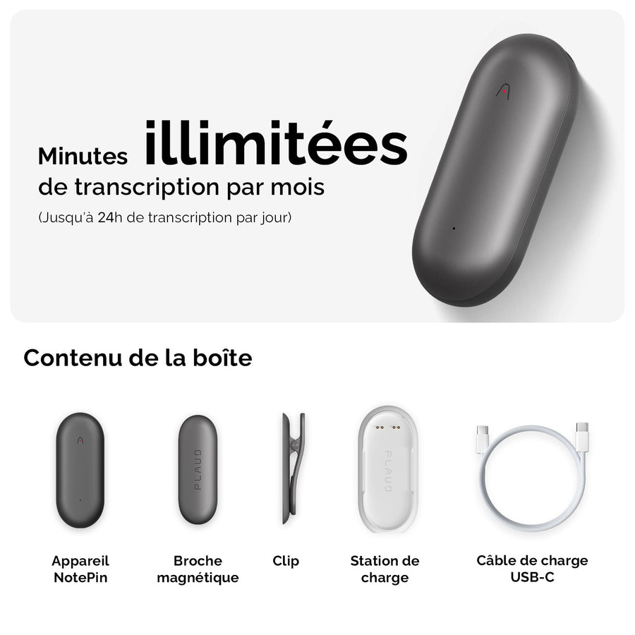 PLAUD NotePin et 2 Abonnement Annuel à l’IA Plan Annuel Illimité
