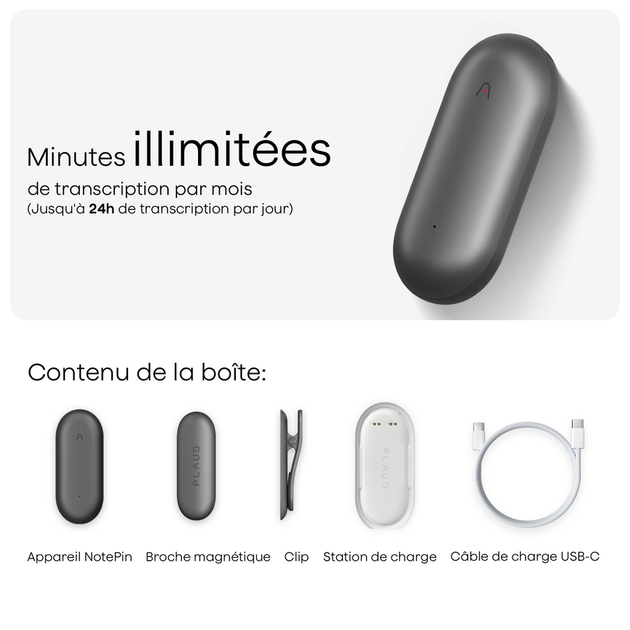 Plaud NotePin et 2 Abonnement Annuel à l’IA Plan Annuel Illimité
