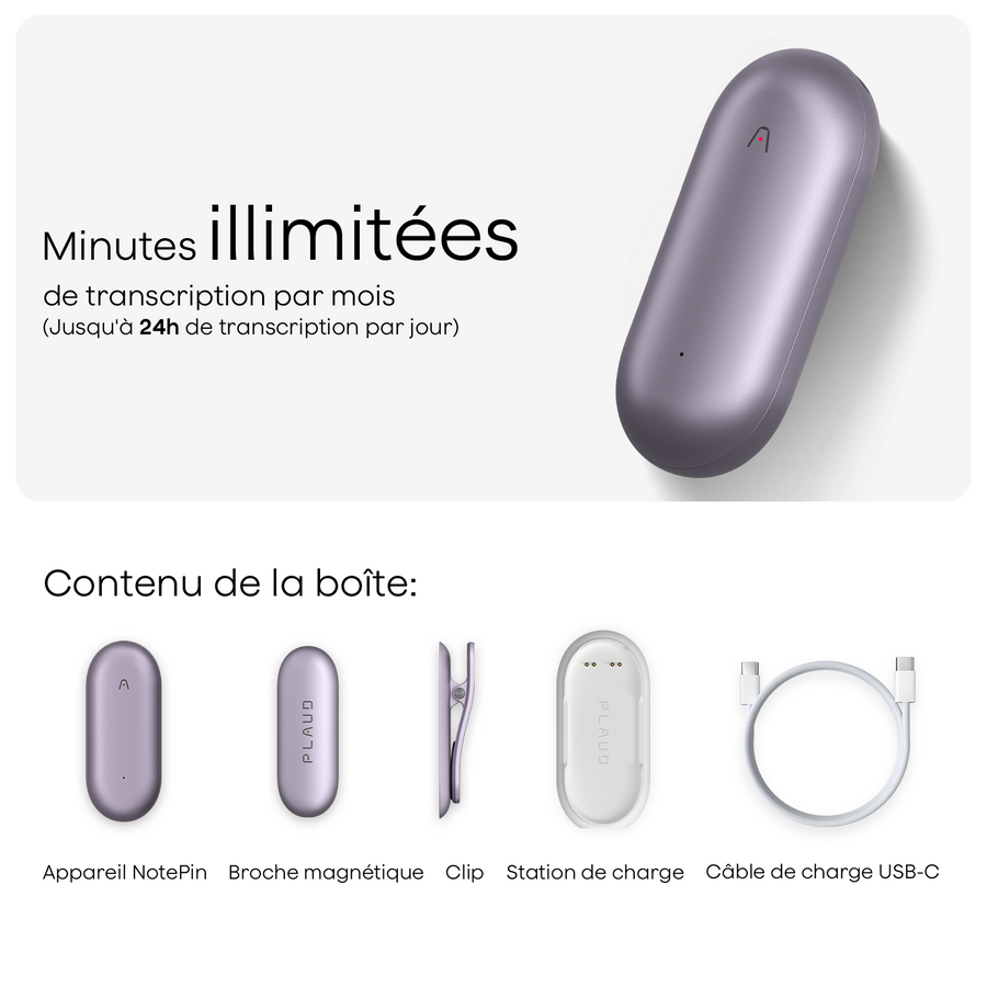 Plaud NotePin et 2 Abonnement Annuel à l’IA Plan Annuel Illimité
