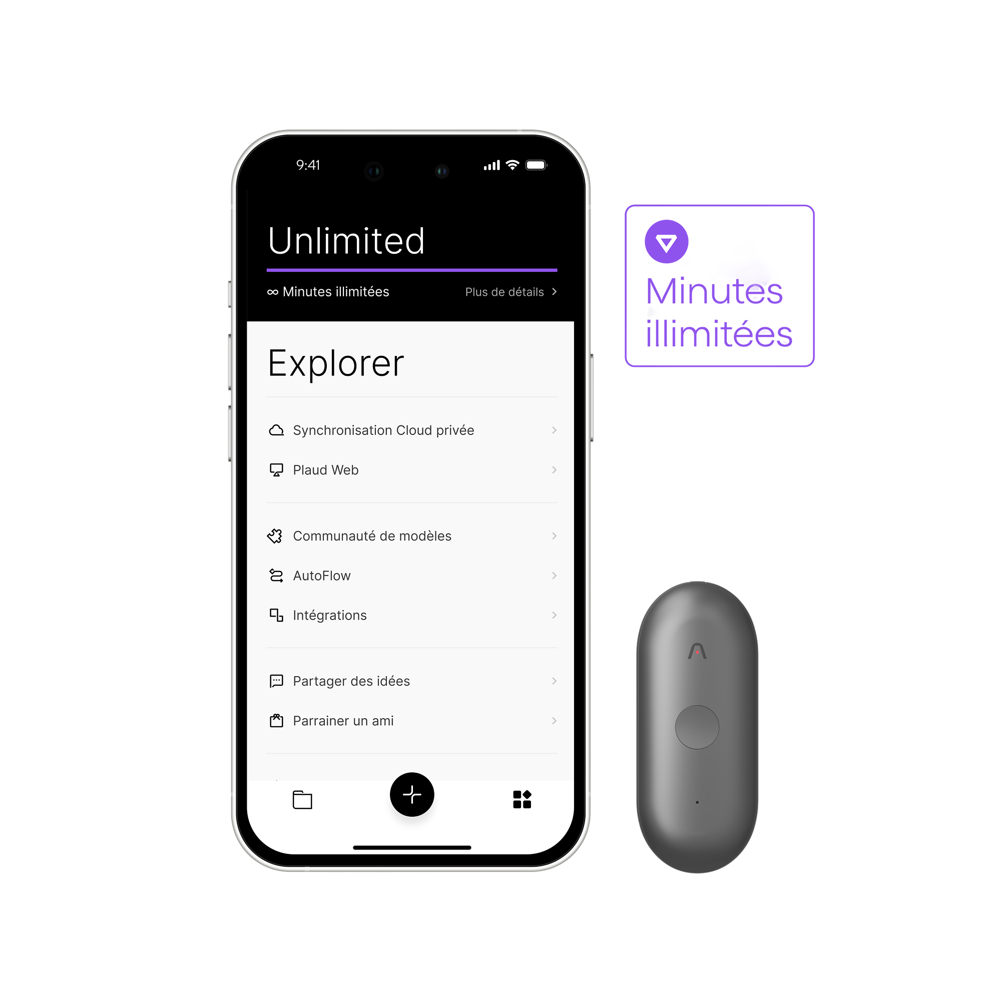 Un smartphone affiche l'App Plaud avec l'option "Minutes illimitées" et un Plaud NotePin S gris foncé.