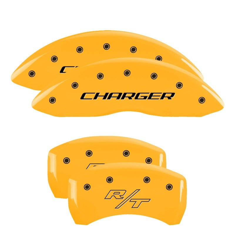 MGP 4 Caliper Covers Engraved Front Charger Engraved Rear RT Yellow finish black ch