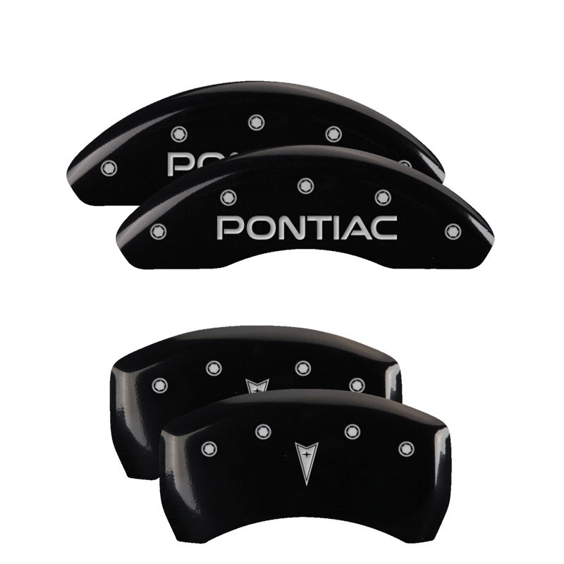 MGP 4 Caliper Covers Engraved Front Pontiac Engraved Rear Arrow Black finish silver ch