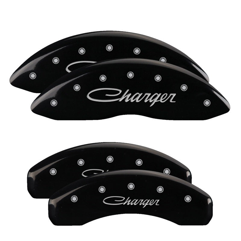 MGP 4 Caliper Covers Engraved Front & Rear Cursive/Charger Black finish silver ch