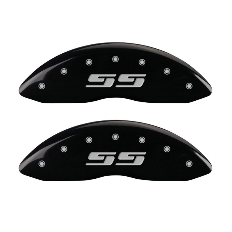 MGP 4 Caliper Covers Engraved Front & Rear Silverado style/SS Black finish silver ch