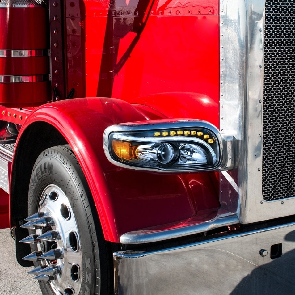 Chrome Projection Headlight w/ LED Position & LED Turn Signal For 2008+ Peterbilt 388/389