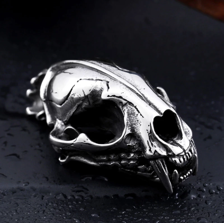 Prehistoric Sabertooth Tiger Skull Stainless Steel Pendant with Free Necklace