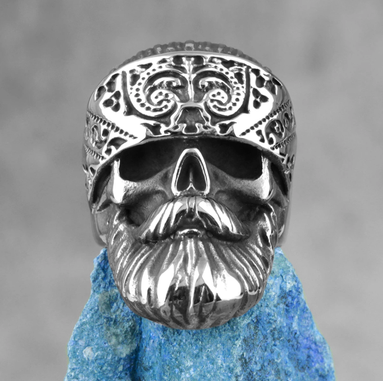 Bearded Hippie Skull w Bandana Stainless Steel Unisex Ring